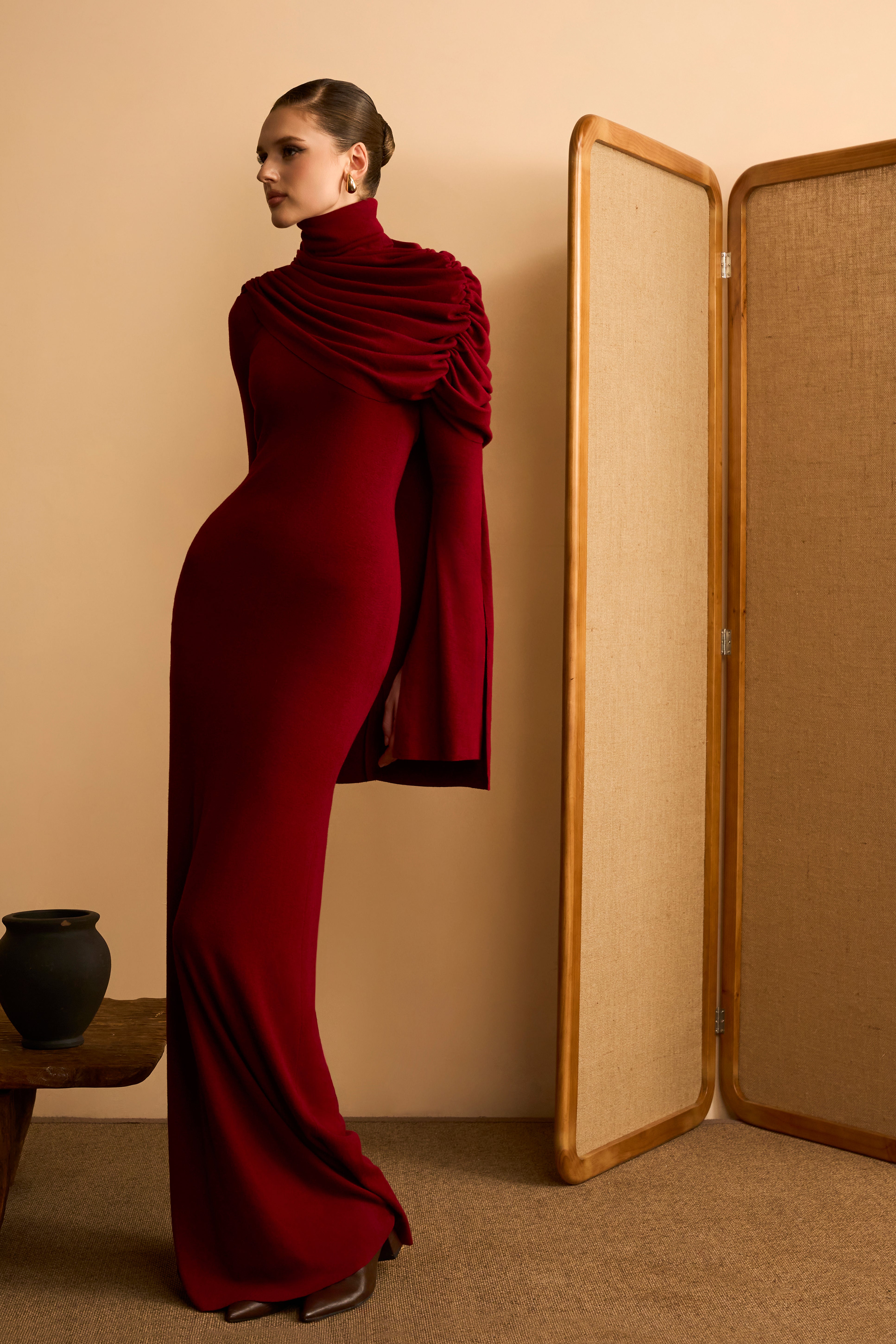 Chu Diep Sheath Cape-Overlay Cotton Spandex Maxi Dress