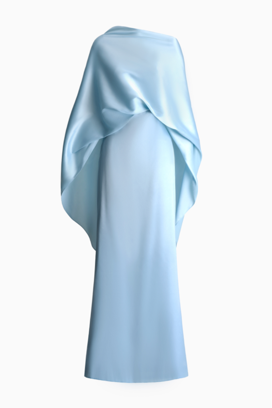 Lam Ngoc Sheath Cape-Overlay Satin Maxi Dress