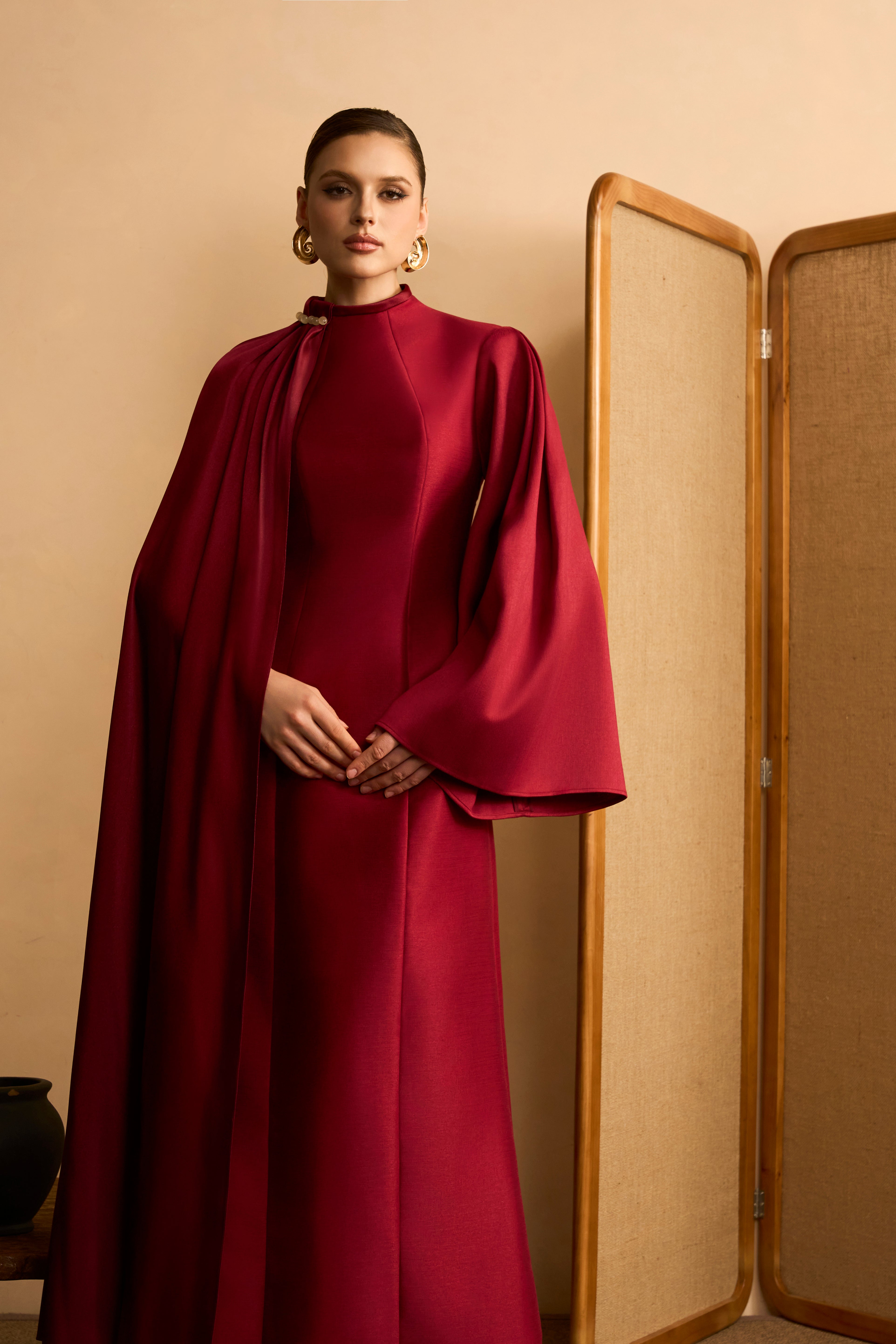 TINH Atelier- Women's Sheath Flowing Cape Maxi Dress XS/S/M/L/XL