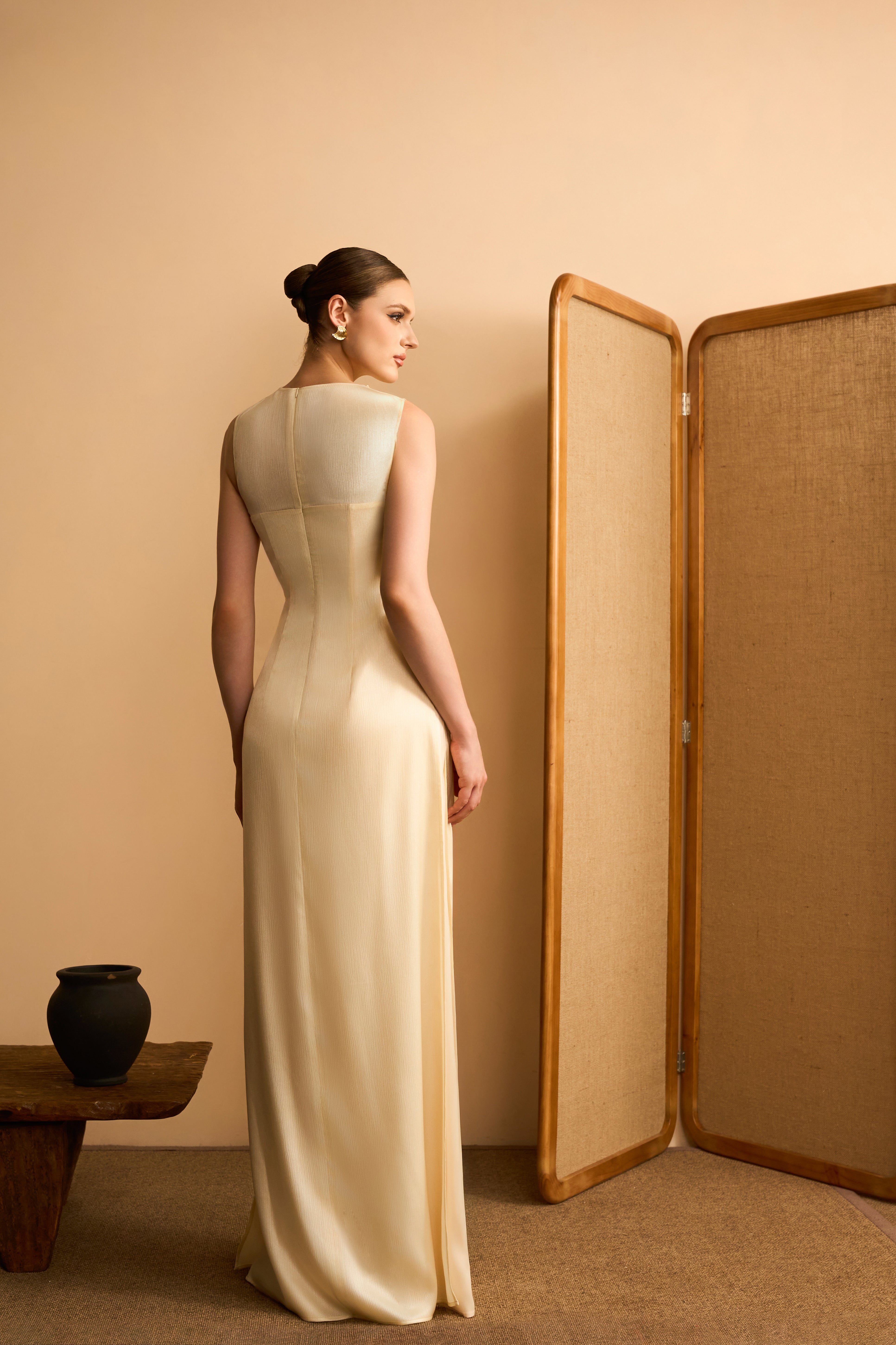 Ha Mien Sheath Asymmetric Drape Shimmering Twill Maxi Dress