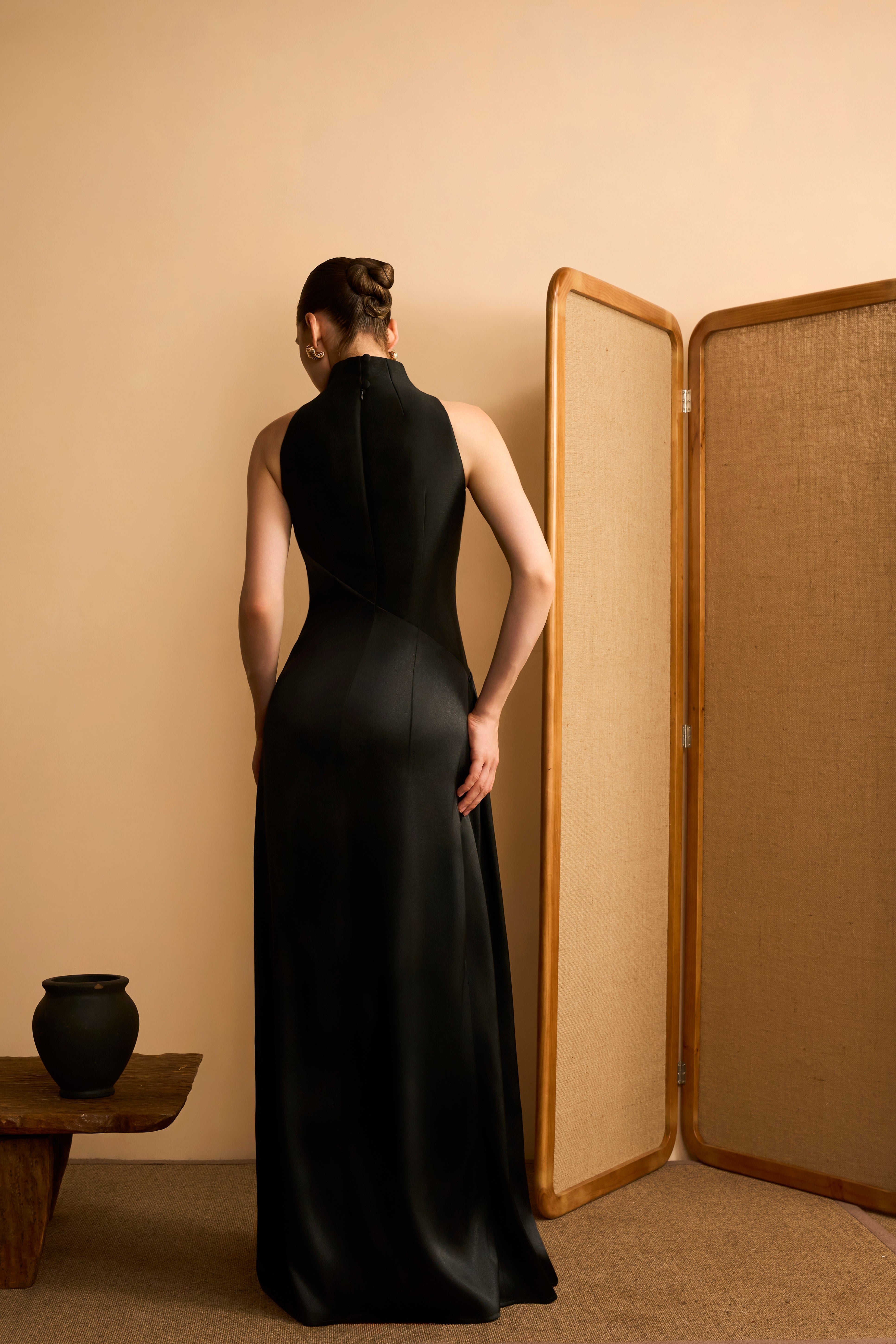 Ngan Ha Sheath High-Neck Draped Satin Maxi Dress