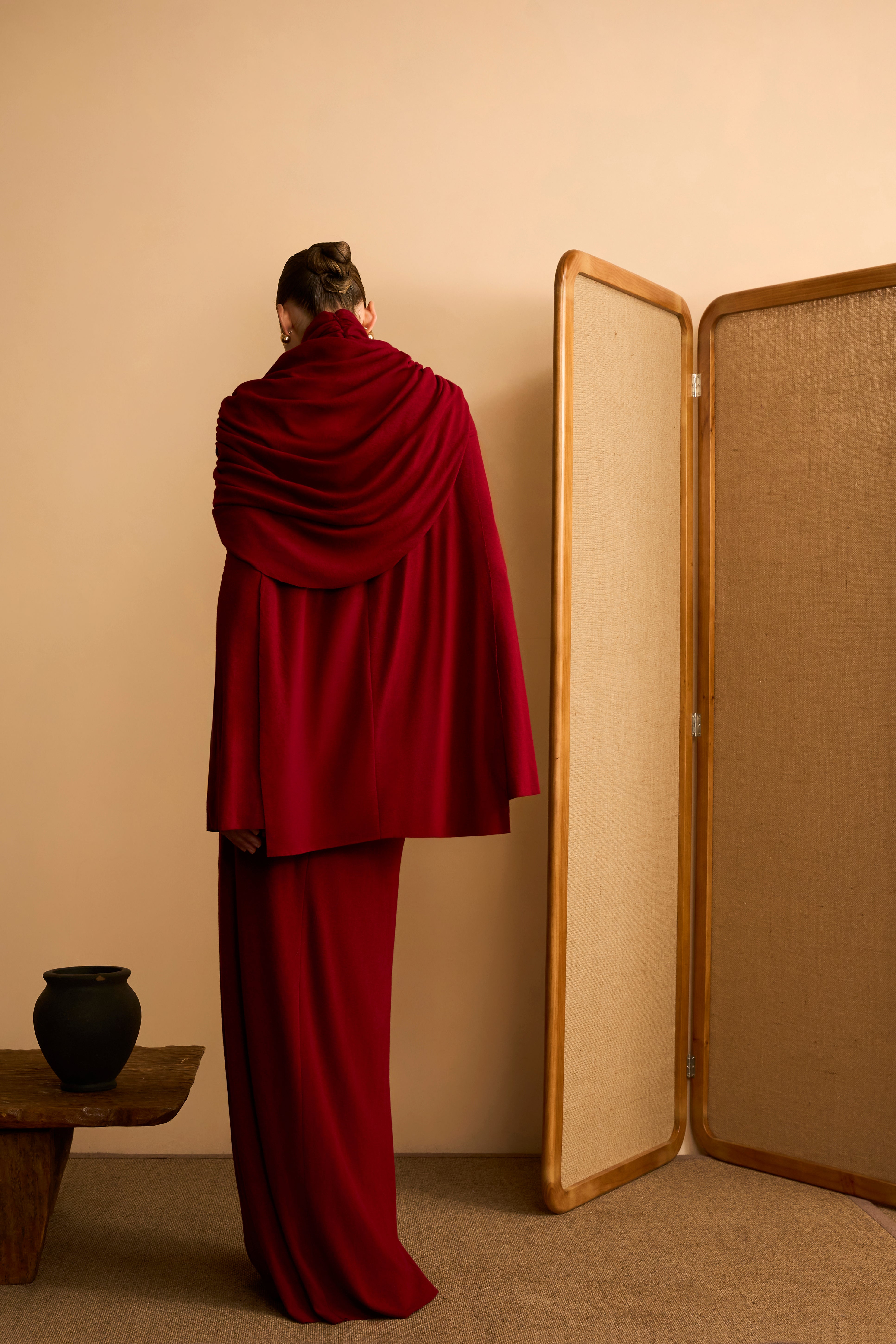 Chu Diep Sheath Cape-Overlay Cotton Spandex Maxi Dress