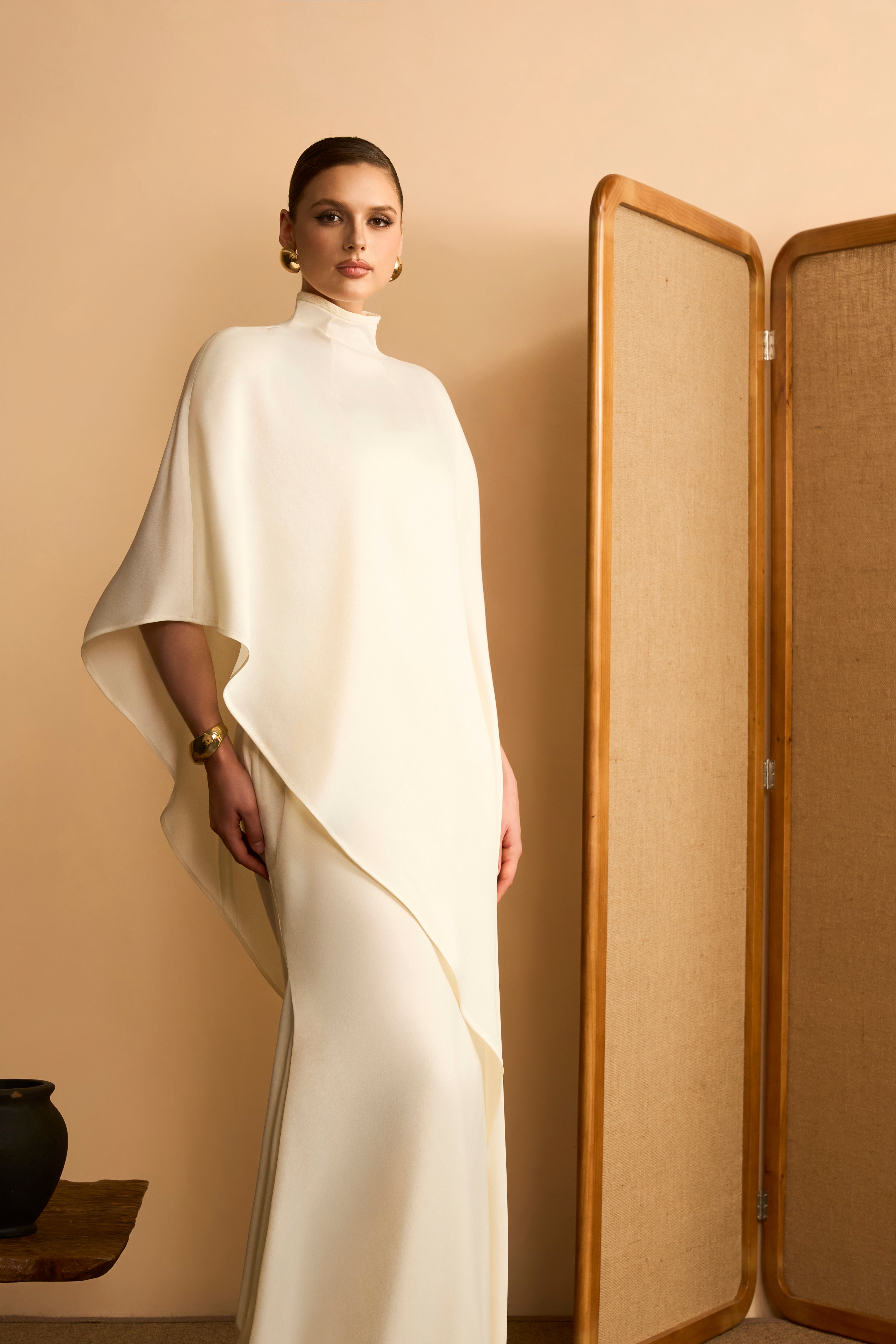 Quynh Dao Asymmetric Flowing Satin Cape