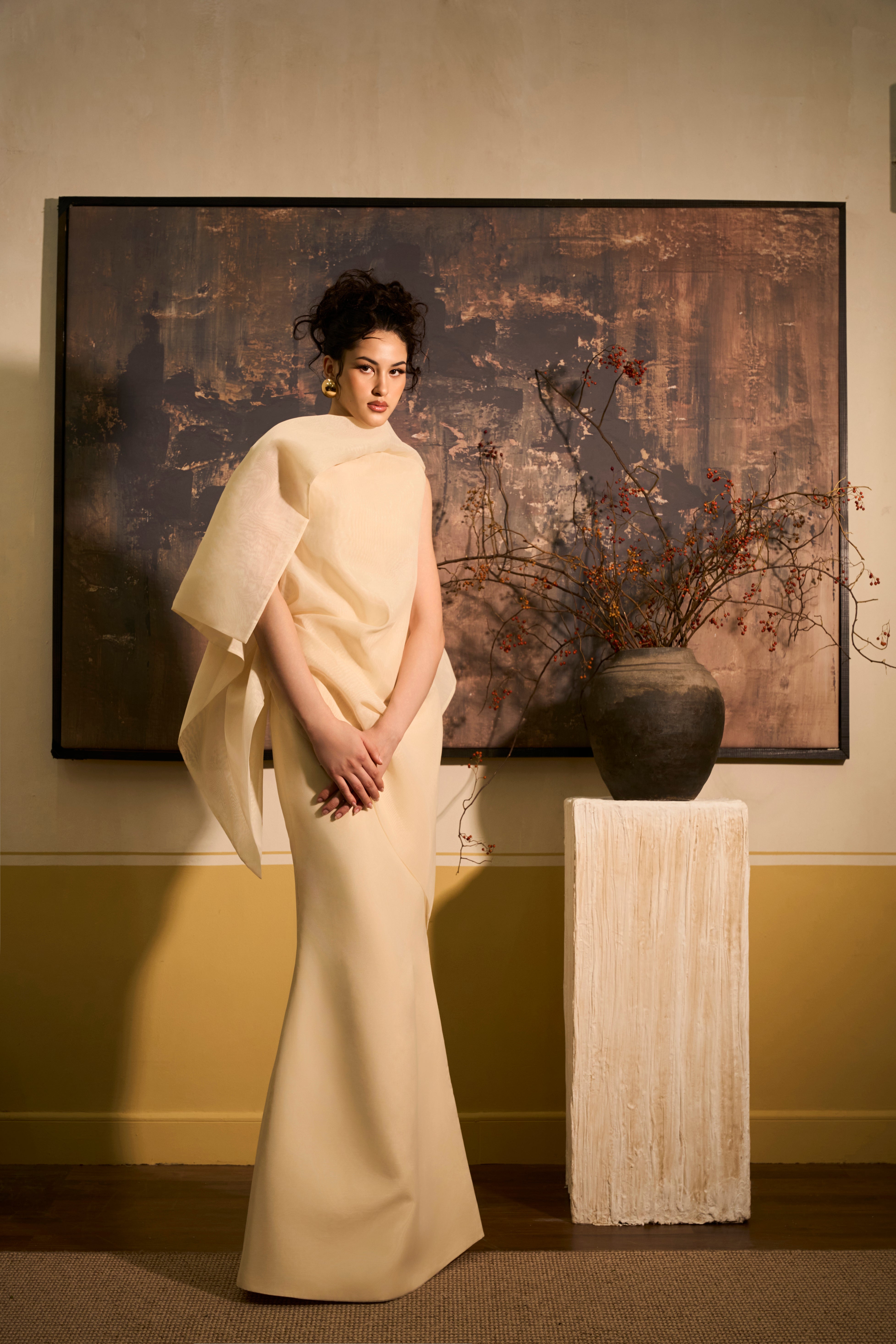 Nhu Van Trumpet Draped Organza Maxi Dress