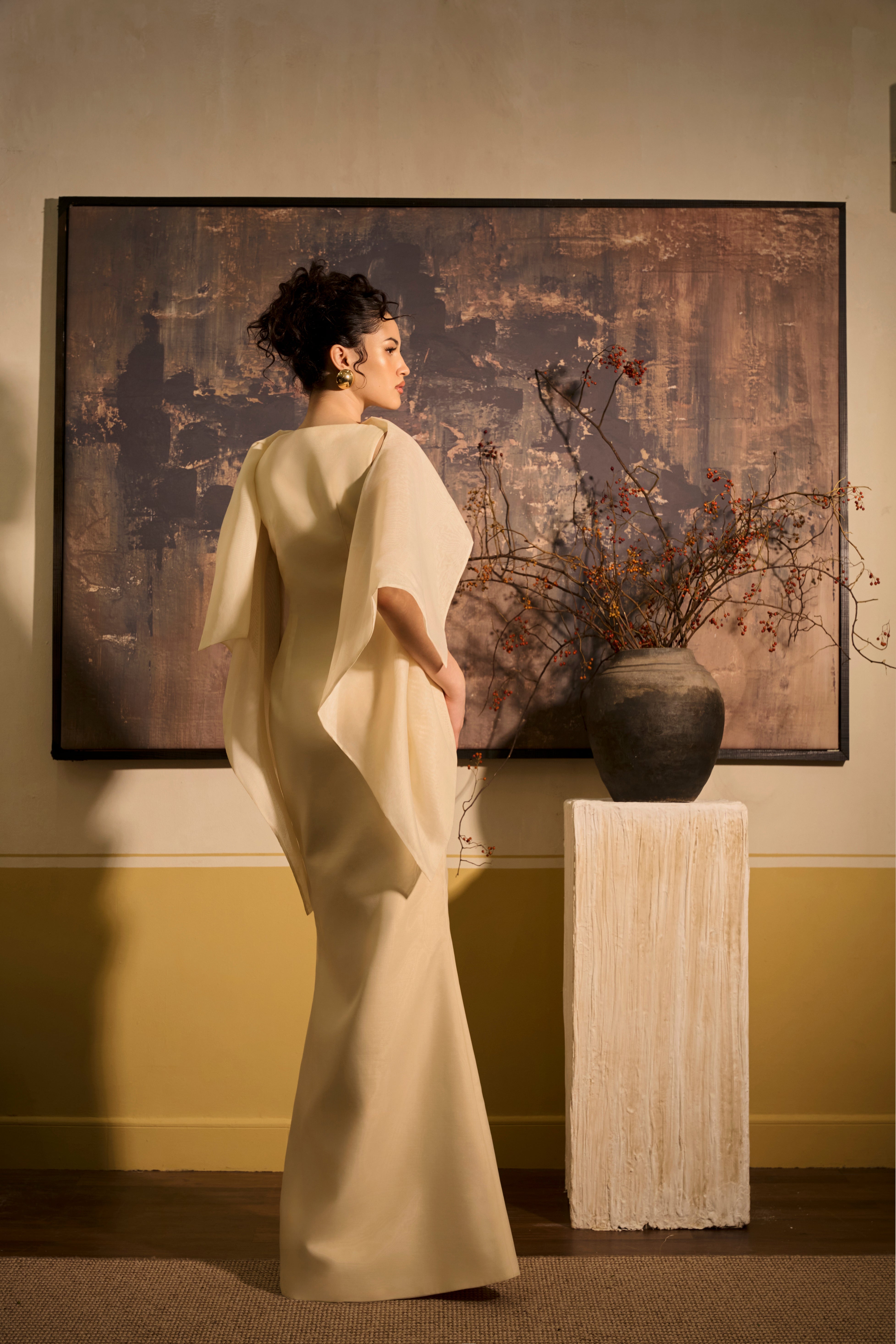 Nhu Van Trumpet Draped Organza Maxi Dress