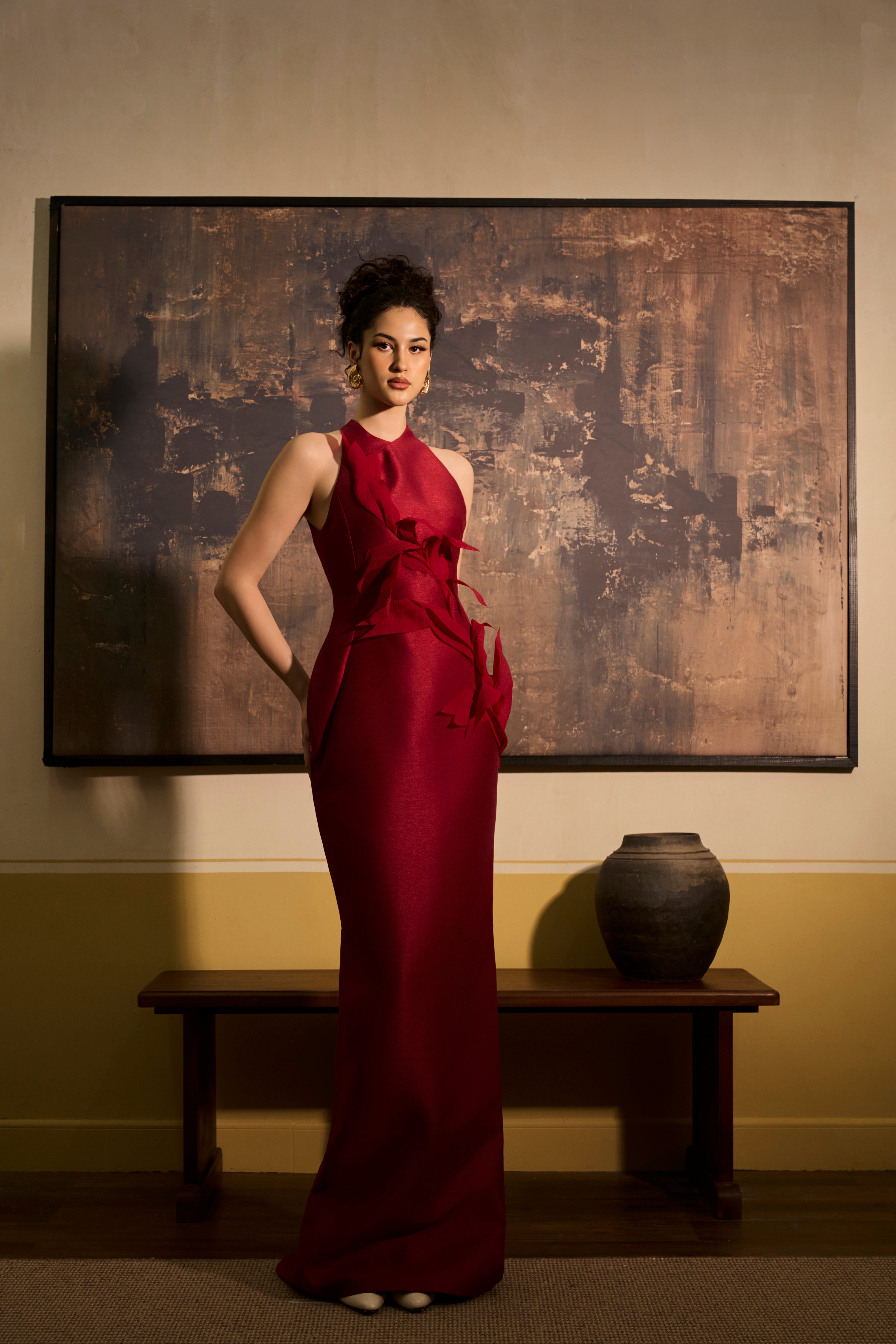 Mien Ha Sheath Halter Neck Taffeta Maxi Dress