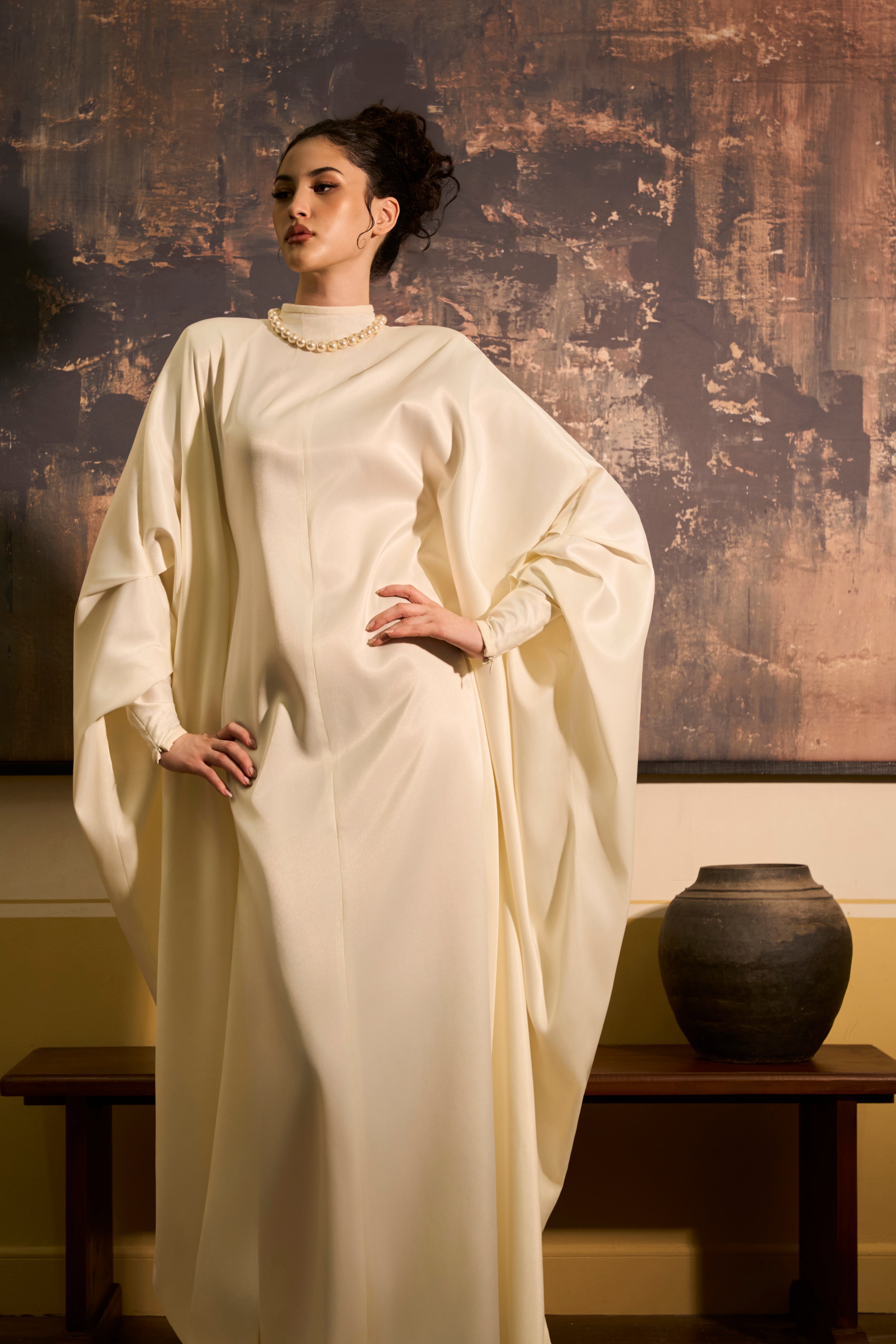 Van Dan Draped Dolman Sleeve Satin Maxi Dress