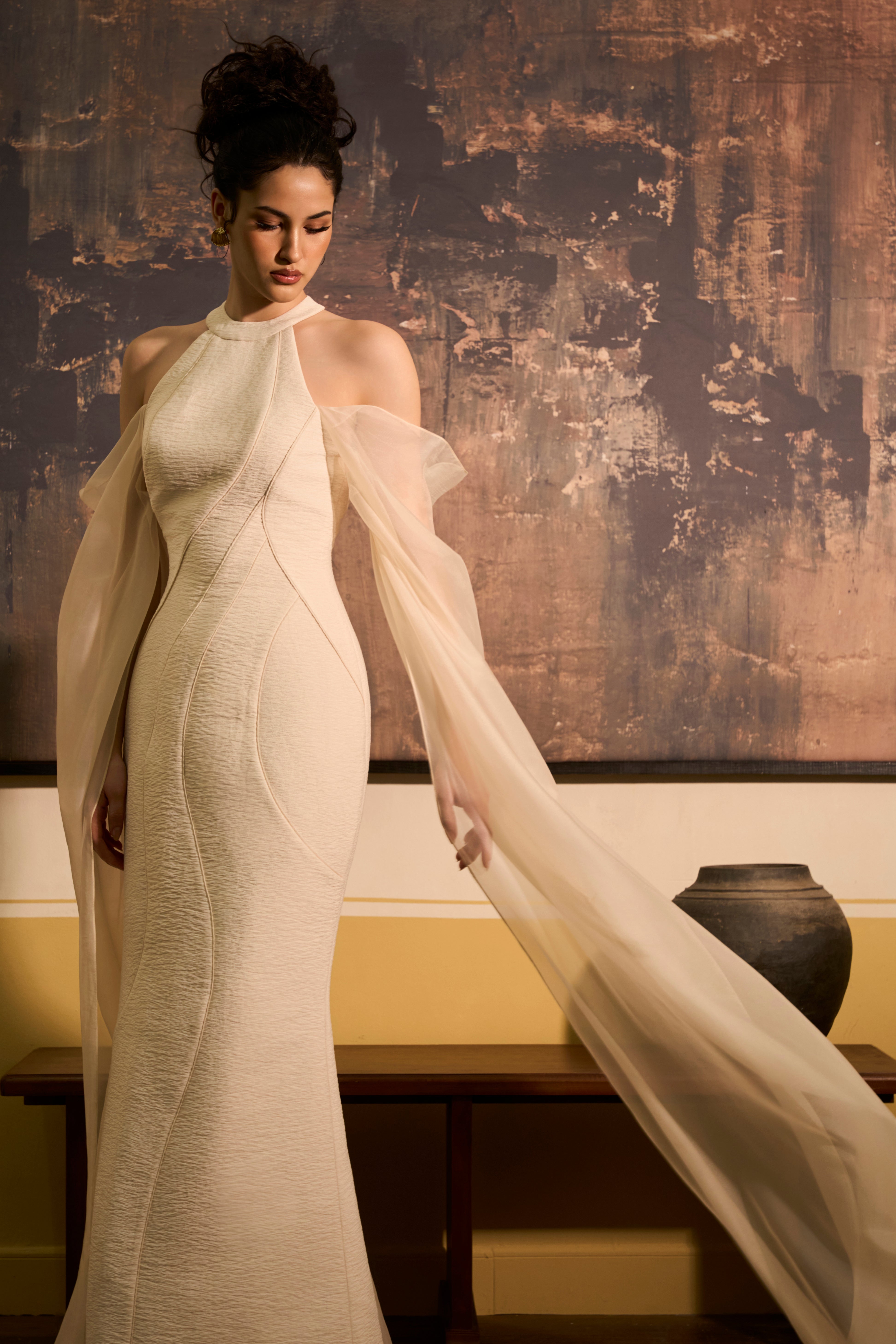 Thanh Yen Sheath Cape Integrated Tussah Silk Maxi Dress