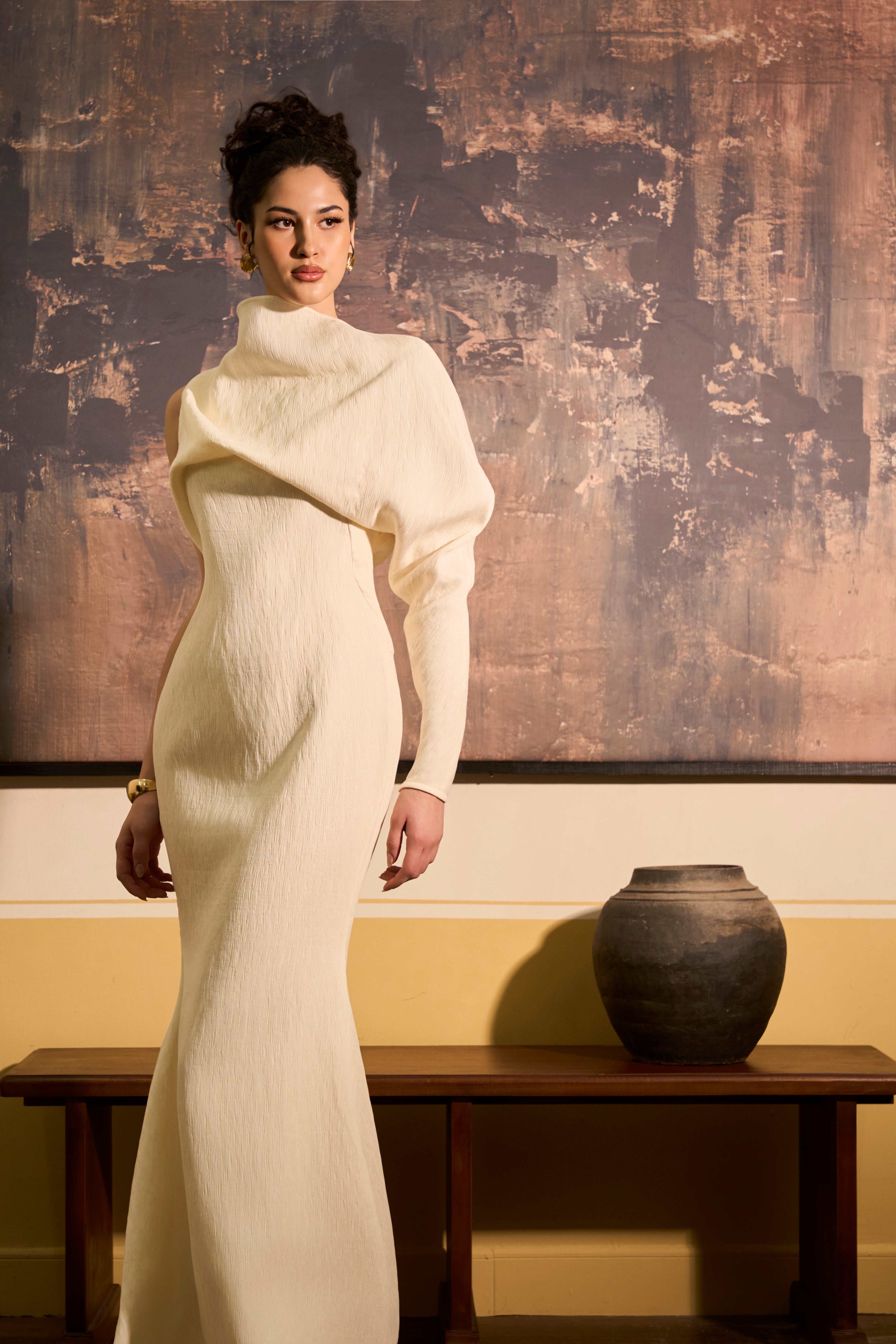 Linh Ha Sheath Asymmetric Drape Crinkle Cotton Maxi Dress