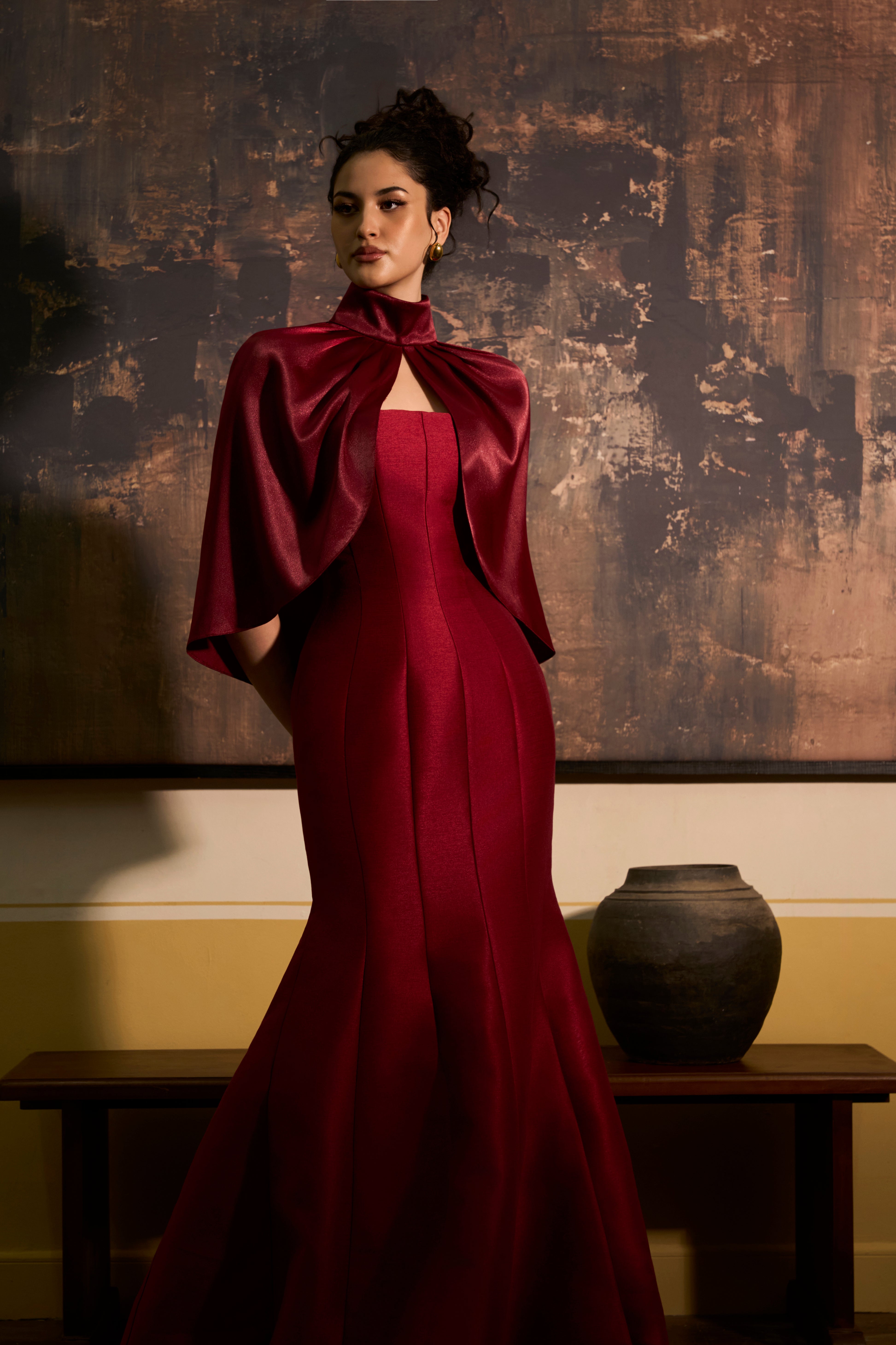 Huyen Suong High Neck Satin Cape