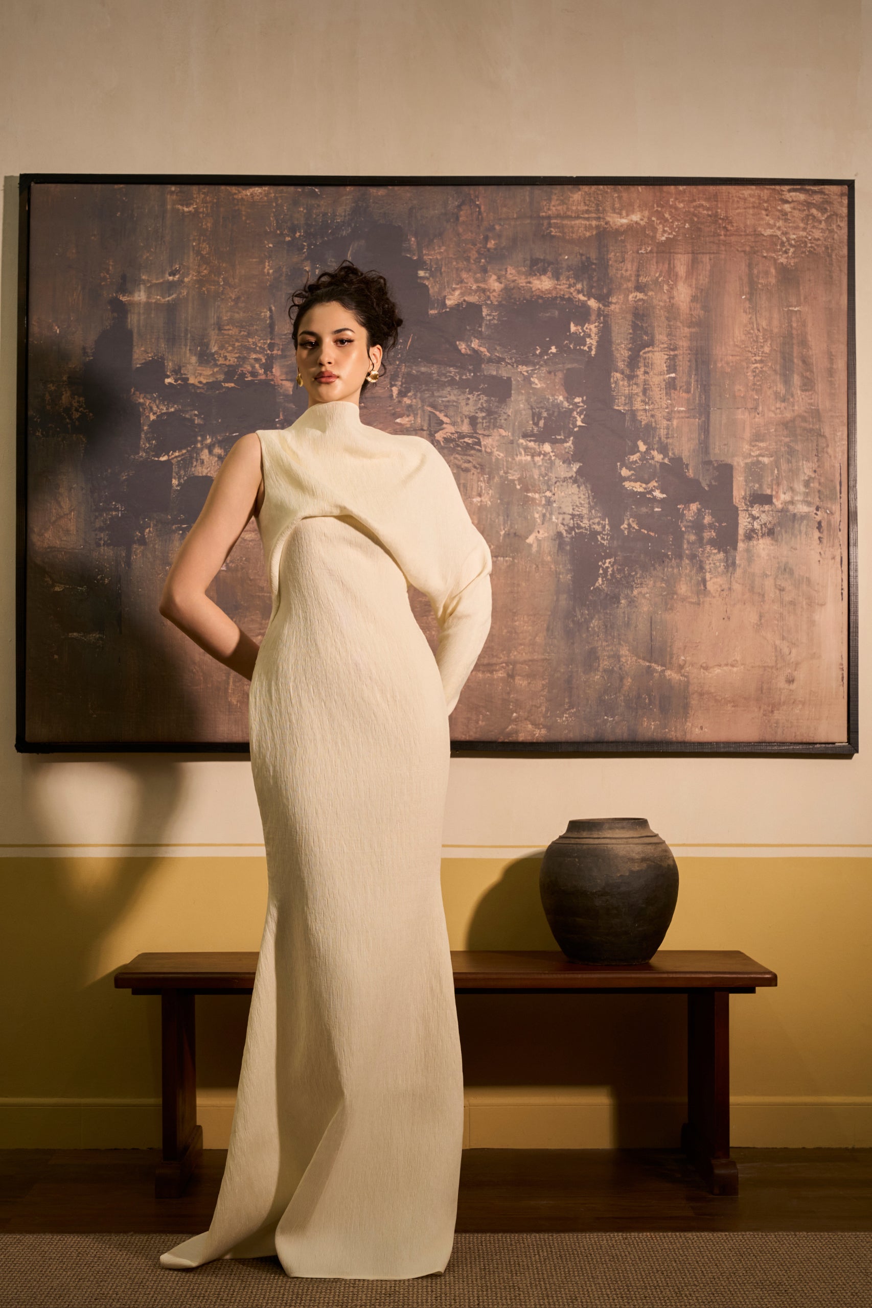 Linh Ha Sheath Asymmetric Drape Crinkle Cotton Maxi Dress