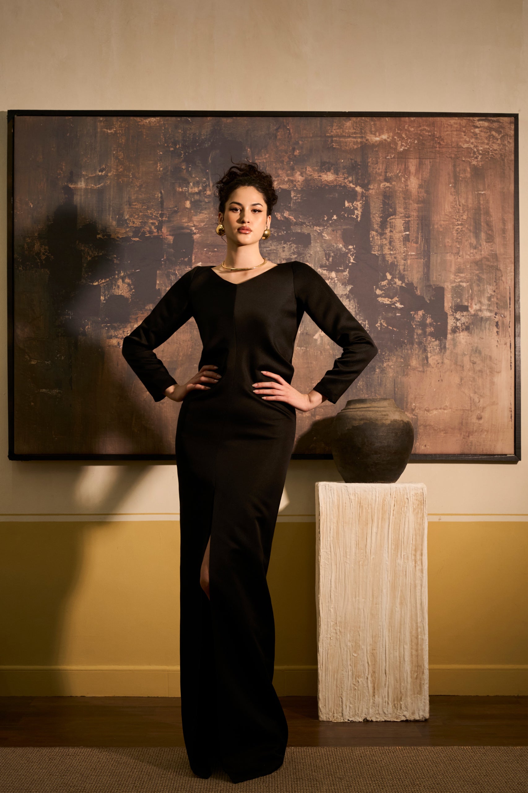 Tinh Du Sheath V-Neck Satin Maxi Dress