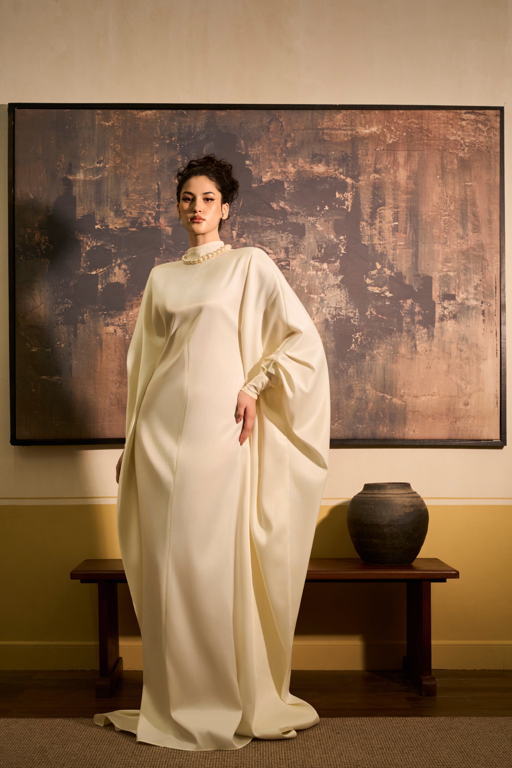 Van Dan Draped Dolman Sleeve Satin Maxi Dress