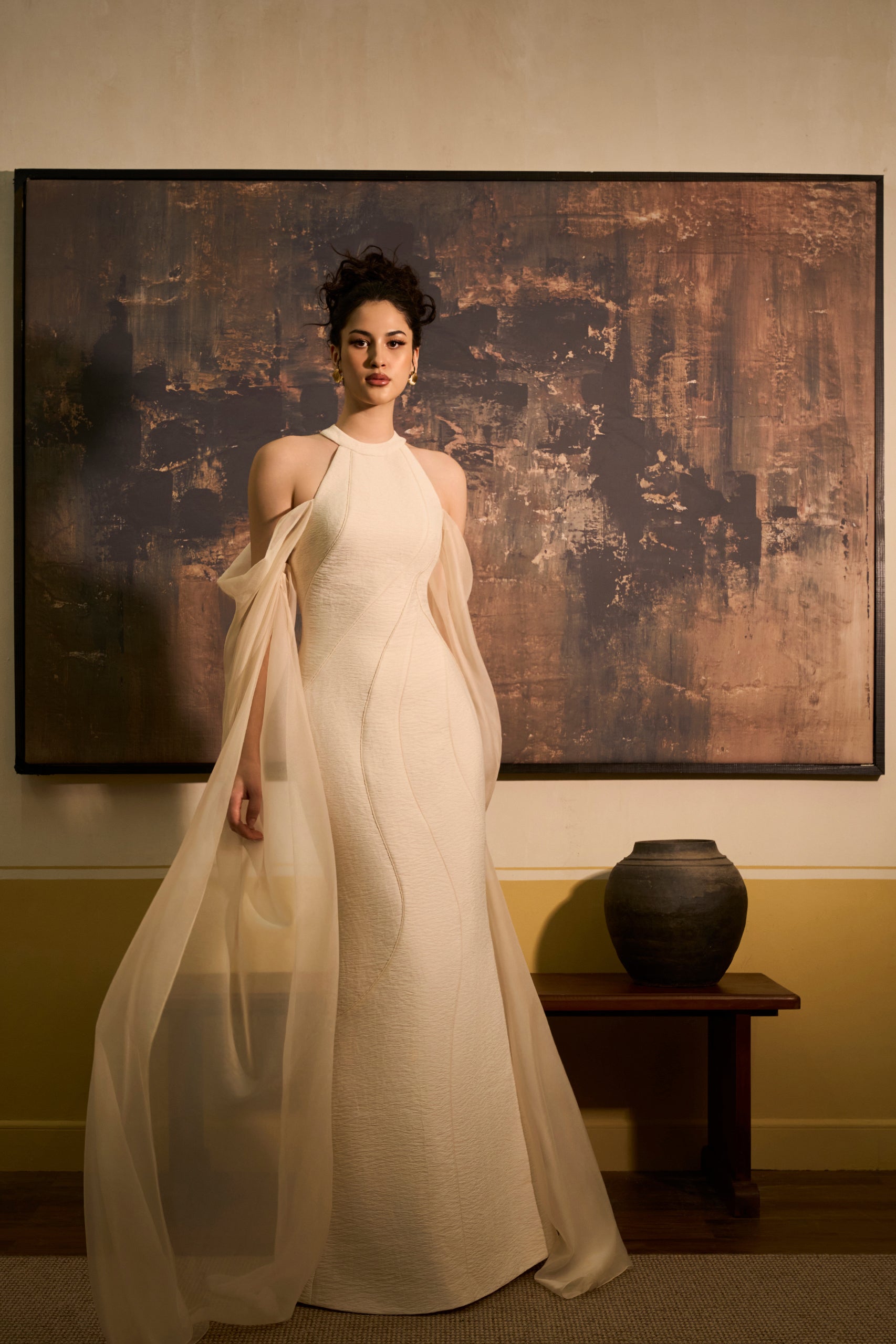 Thanh Yen Sheath Cape Integrated Tussah Silk Maxi Dress