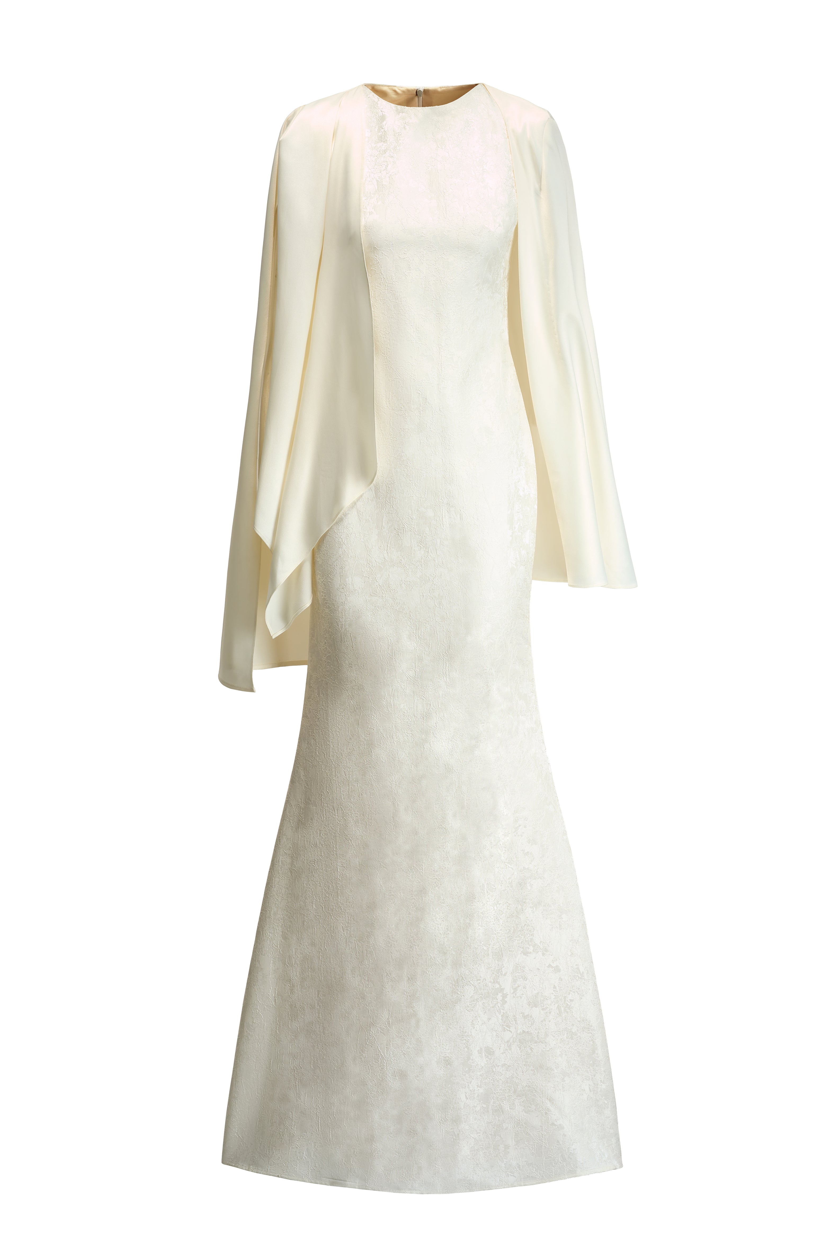 Van Ha Trumpet Cape Overlay Brocade Maxi Dress
