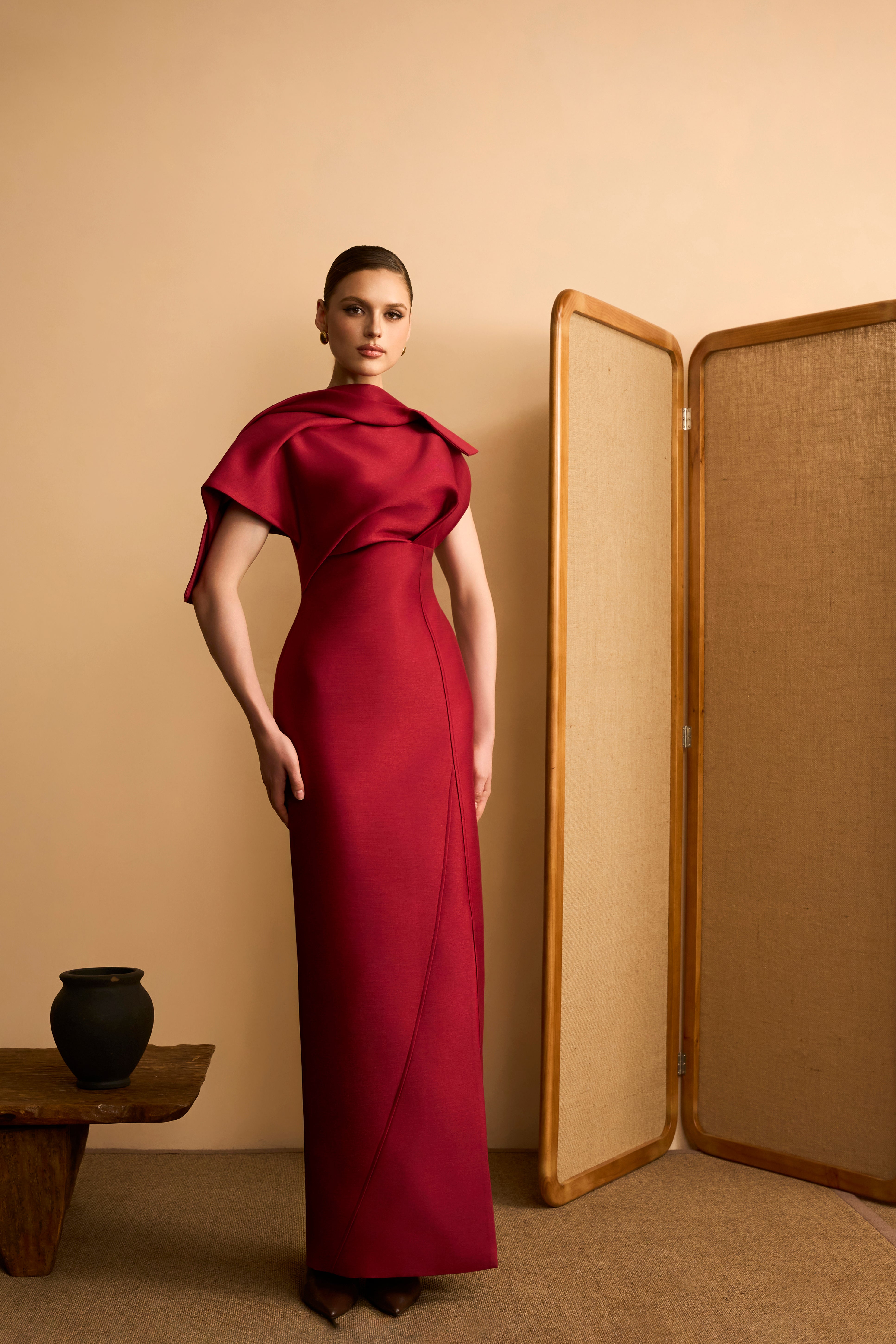 Ha Vy Draped Neckline Taffeta Maxi Dress