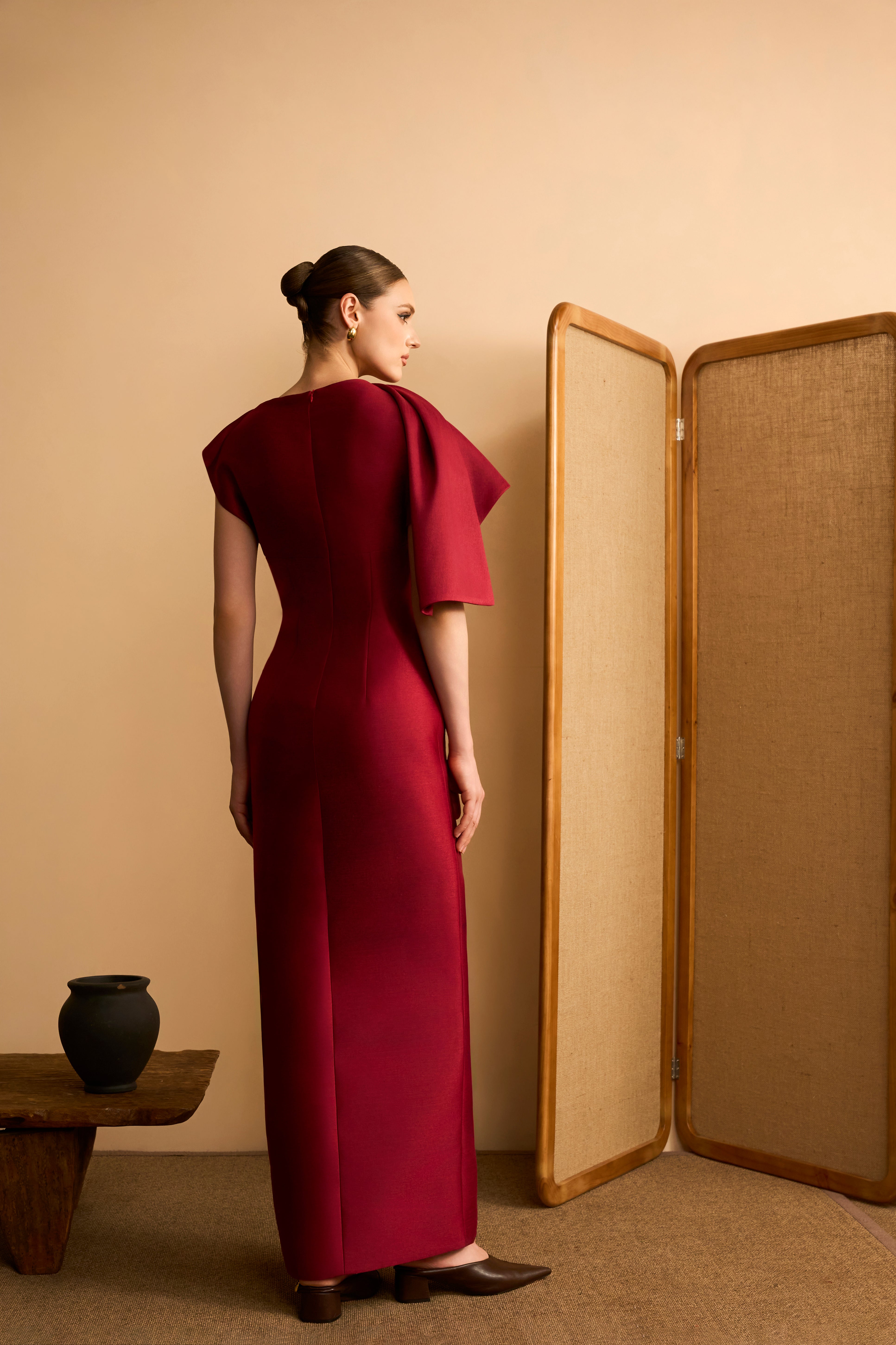 Ha Vy Draped Neckline Taffeta Maxi Dress