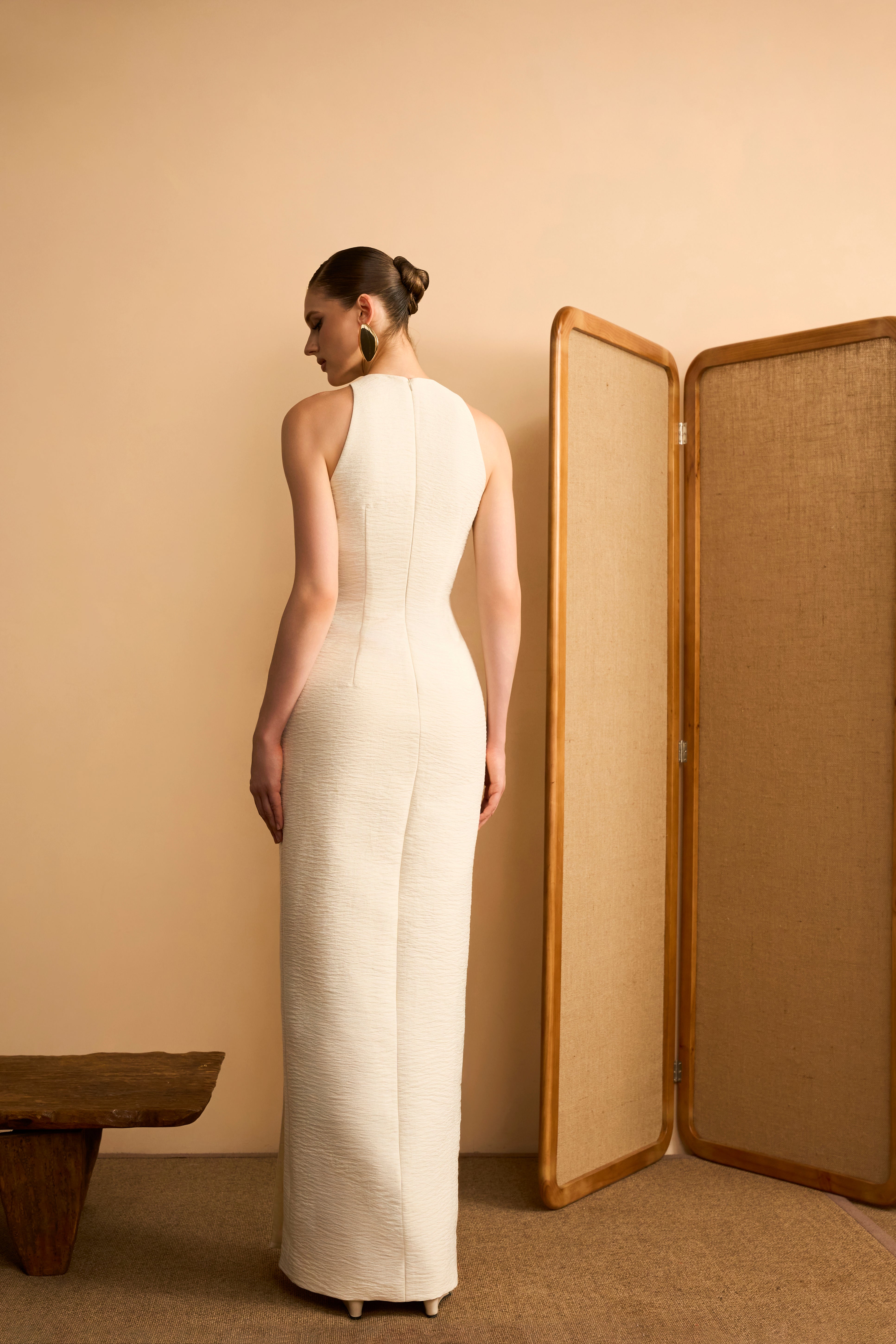 Ngoc Tuyen Sheath Halter Neck Tussah Silk Maxi Dress