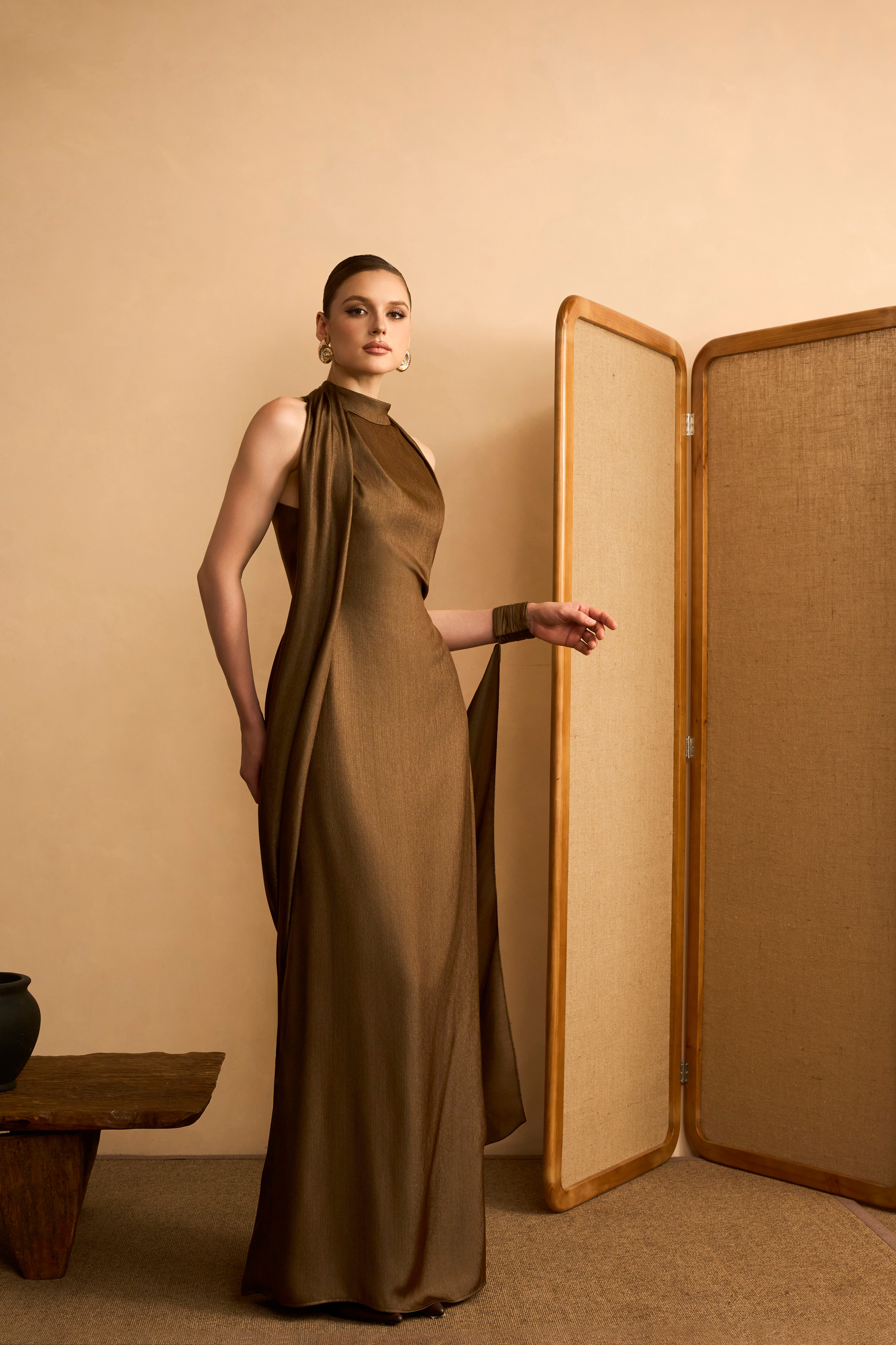 Minh Thu Sheath High Neck Shimmering Twill Maxi Dress