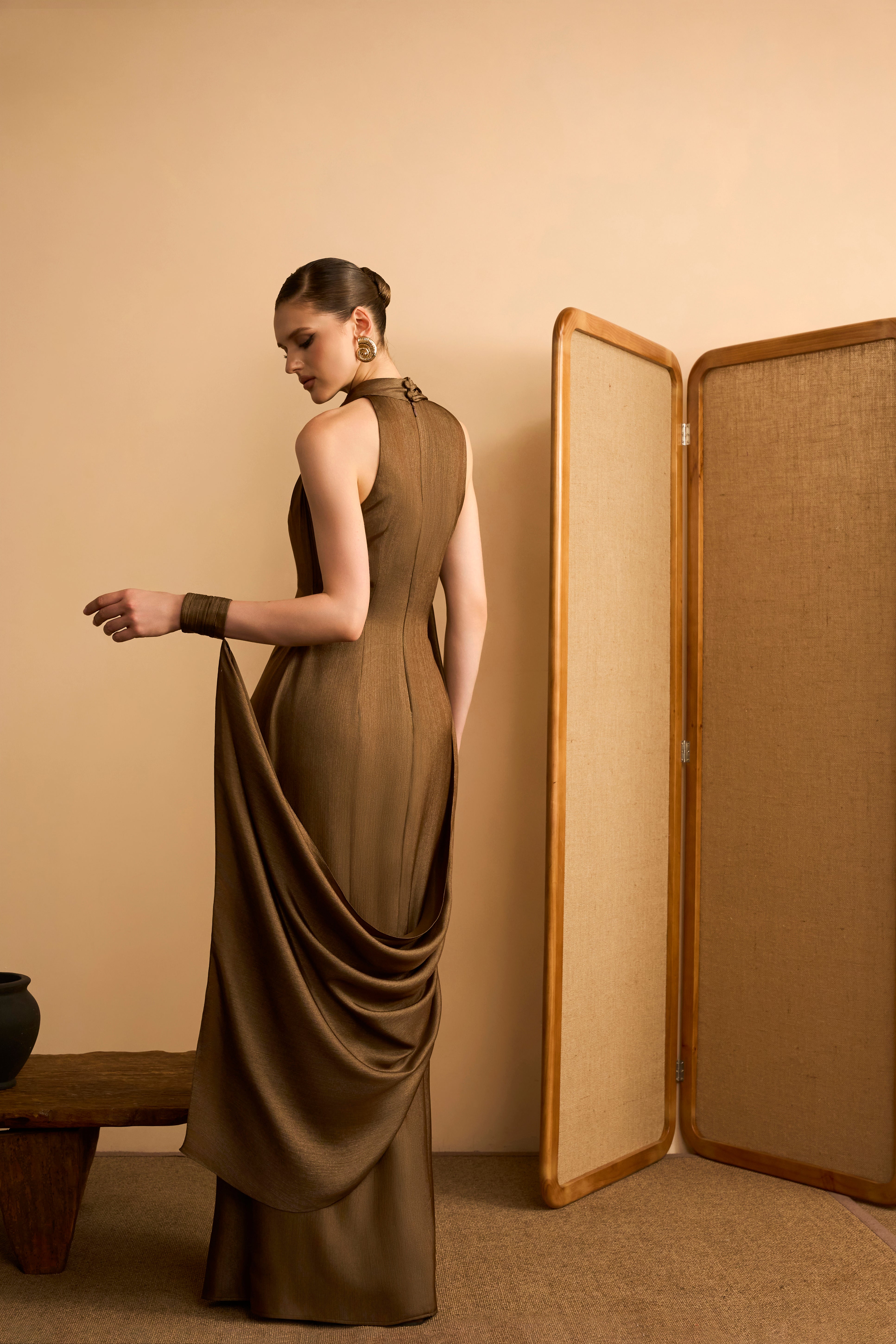 Minh Thu Sheath High Neck Shimmering Twill Maxi Dress