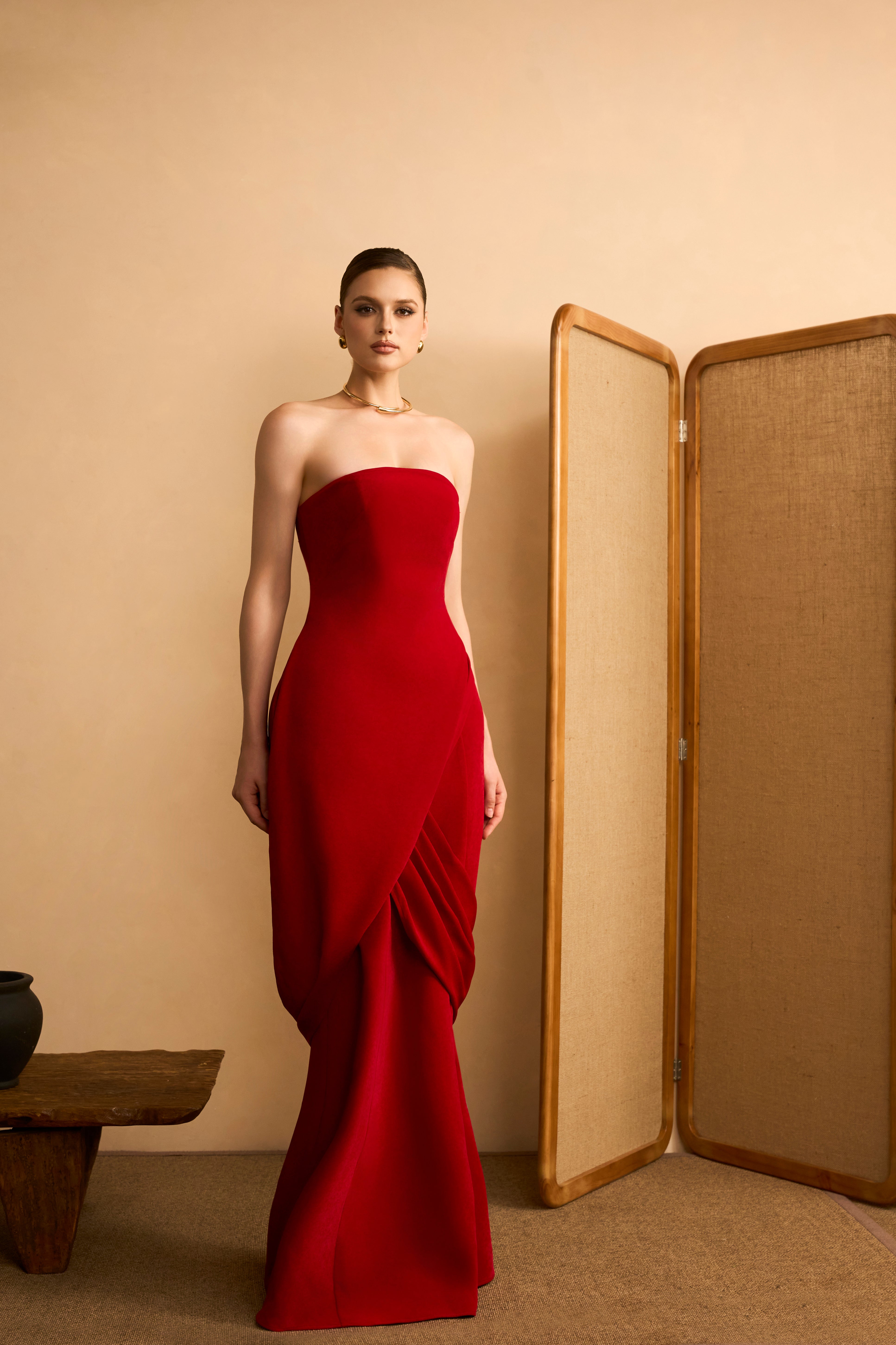 Lan Vy Mermaid Strapless Velvet Maxi Dress