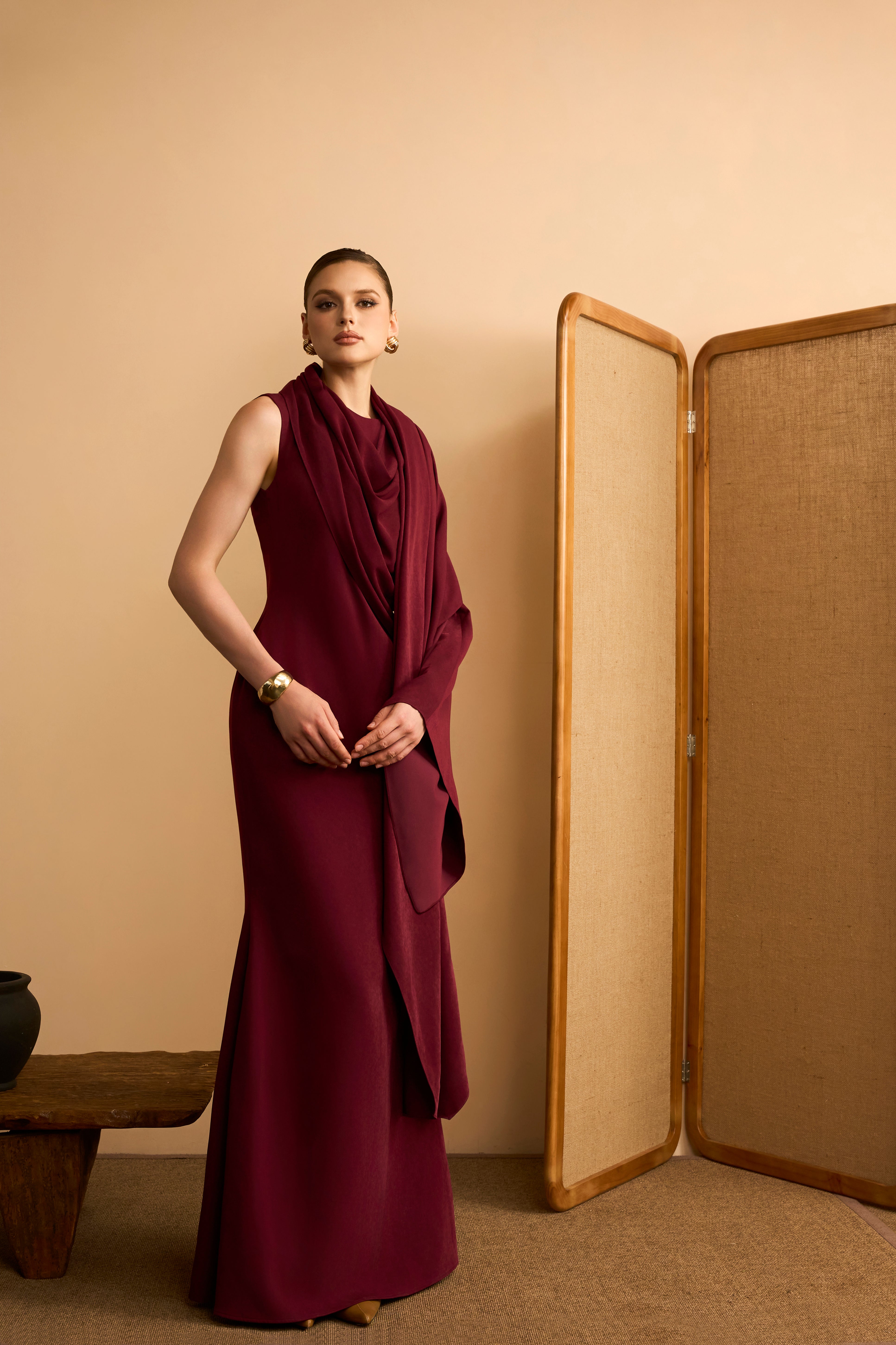 Nguyet Nga Trumpet Cape-Overlay Velvet Maxi Dress