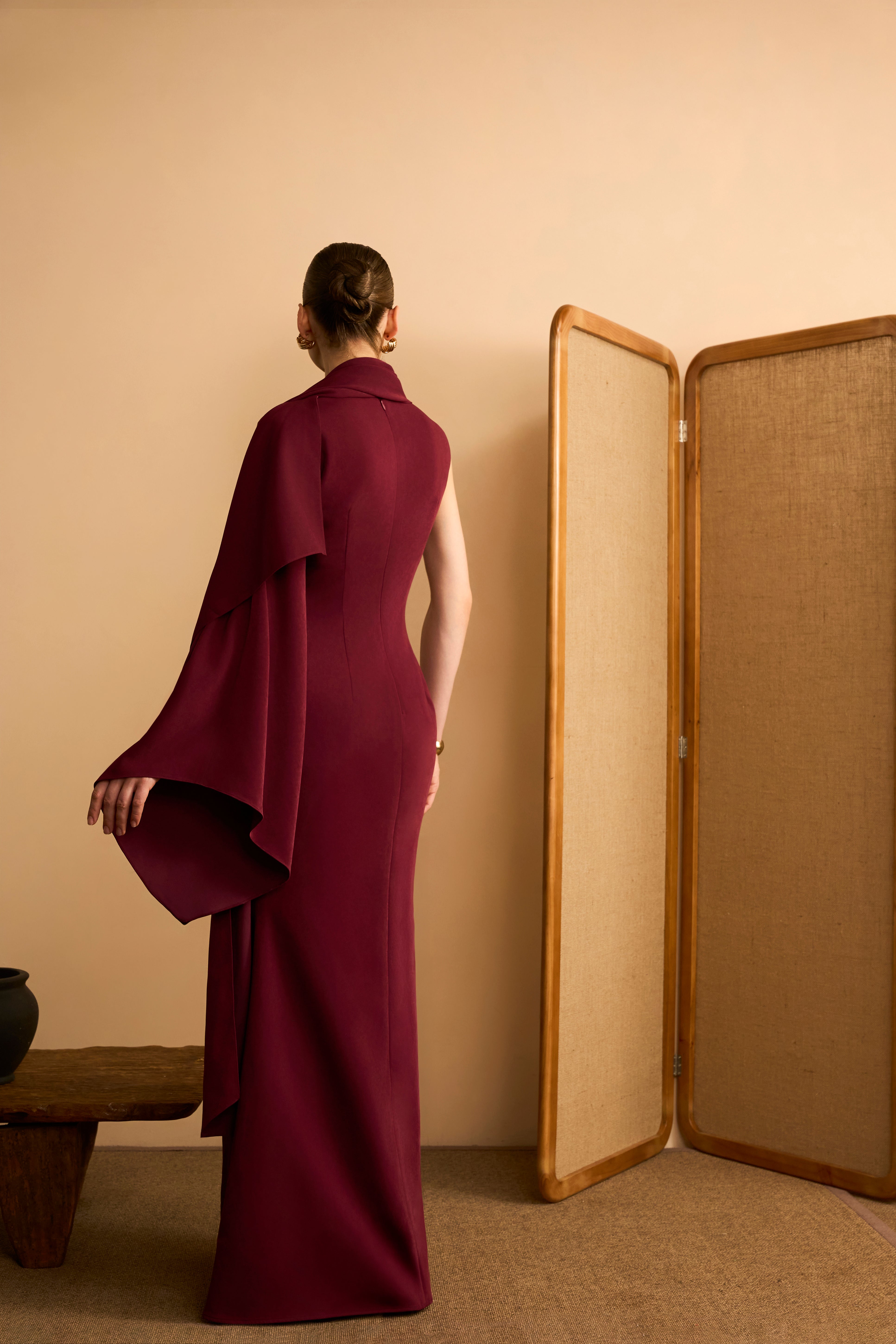 Nguyet Nga Trumpet Cape-Overlay Velvet Maxi Dress