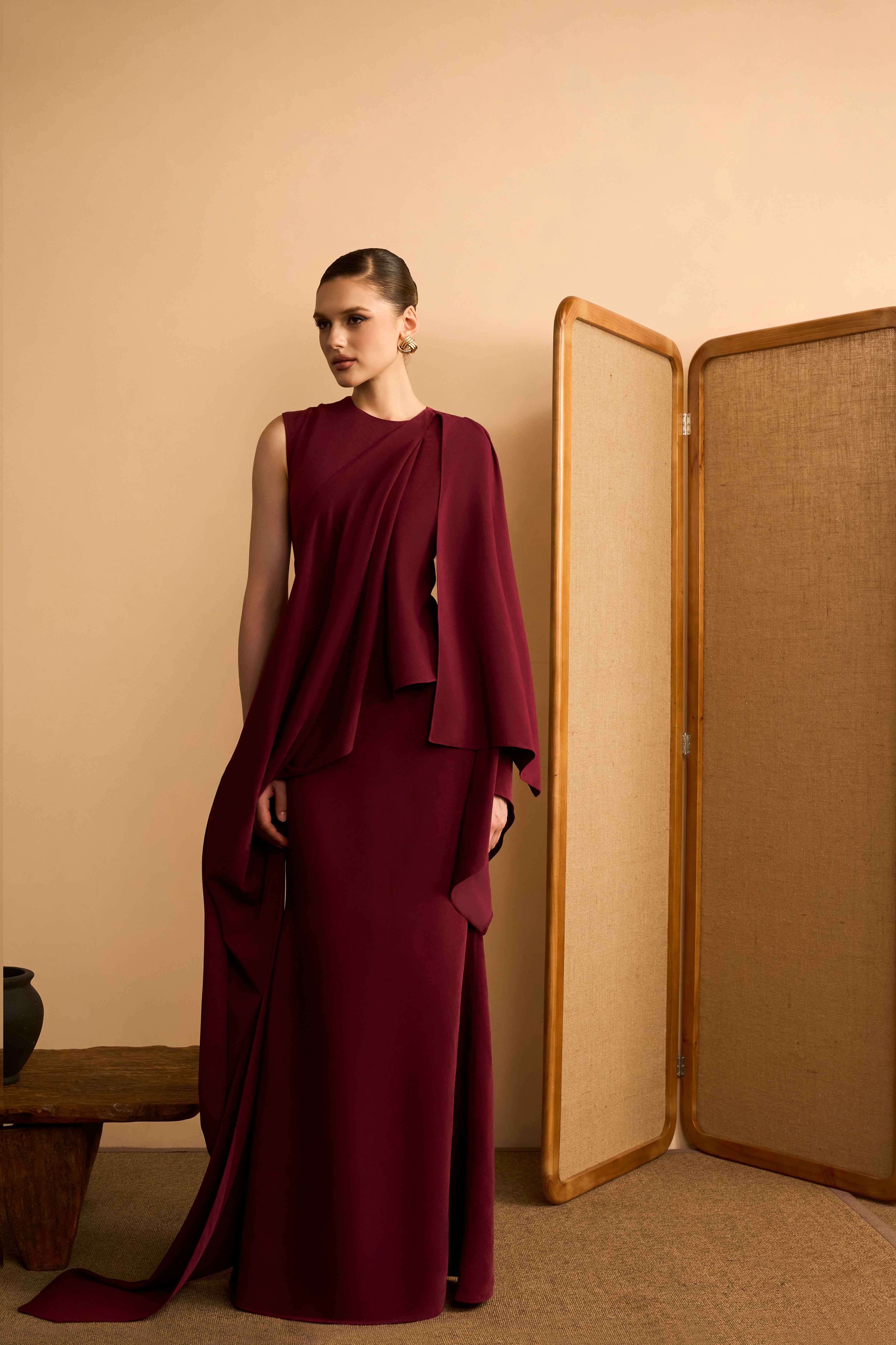 Nguyet Nga Trumpet Cape-Overlay Velvet Maxi Dress