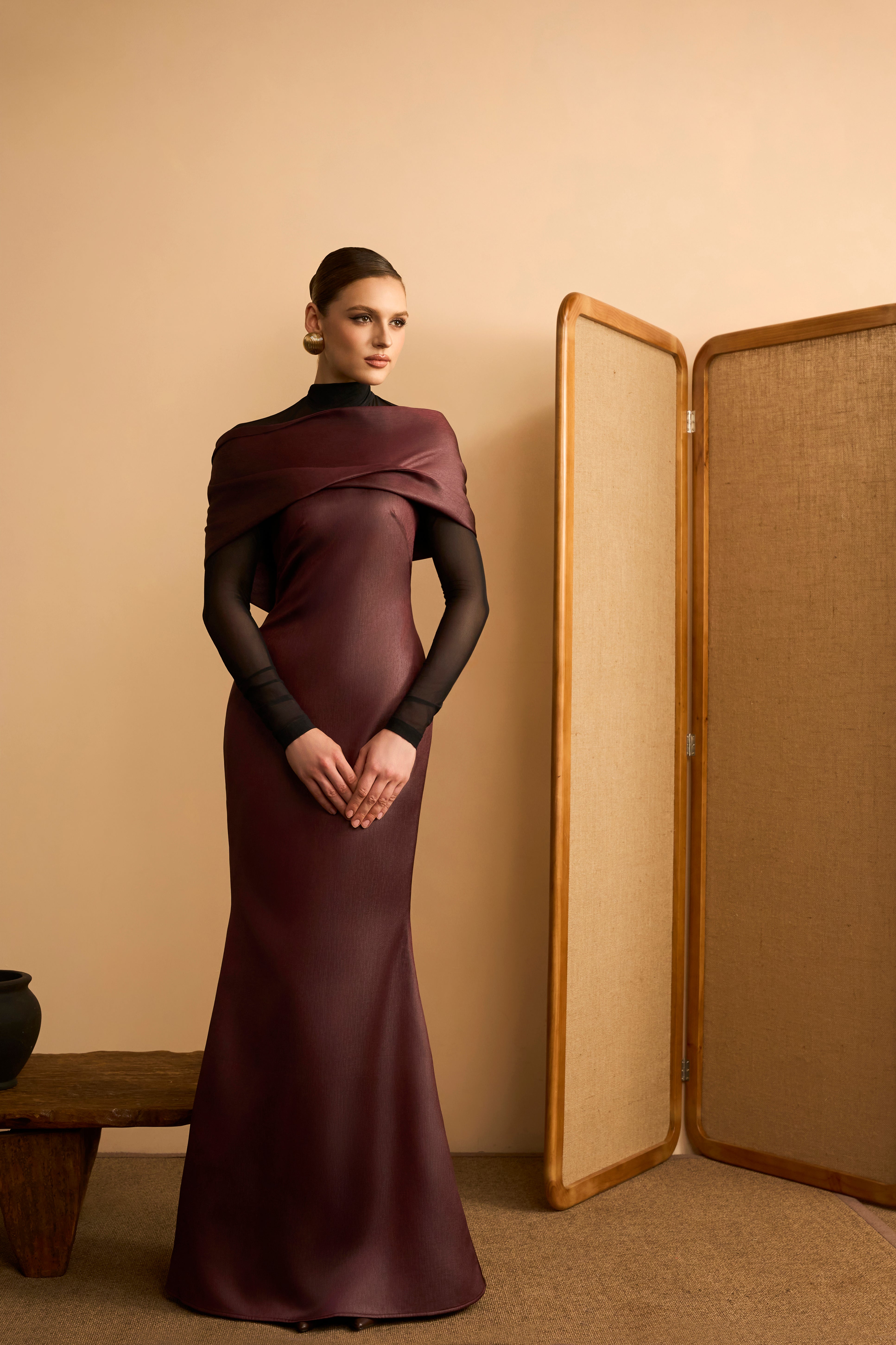 Chau Sa Trumpet Boat Neck Crinkled Satin Maxi Dress