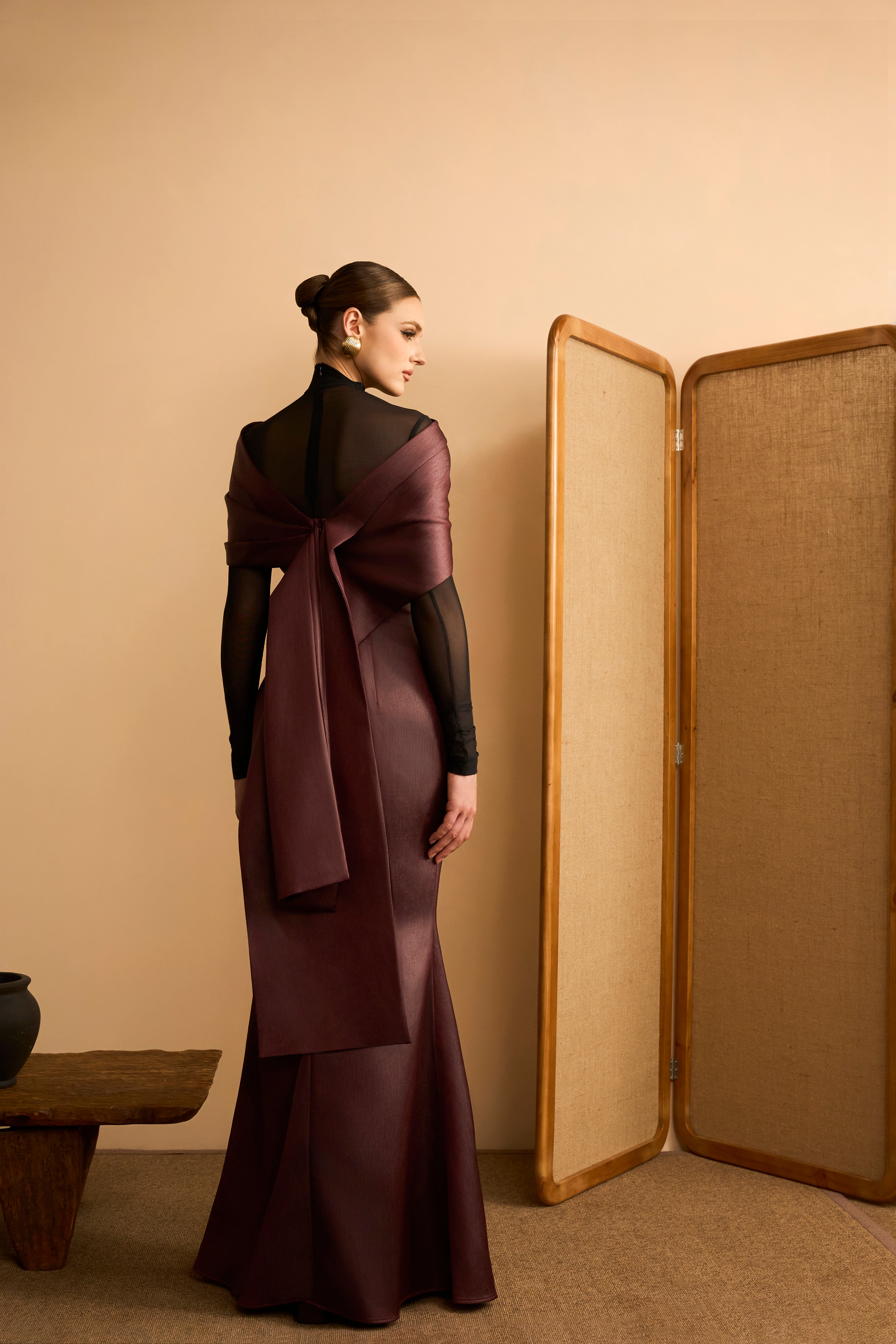 Chau Sa Trumpet Boat Neck Crinkled Satin Maxi Dress