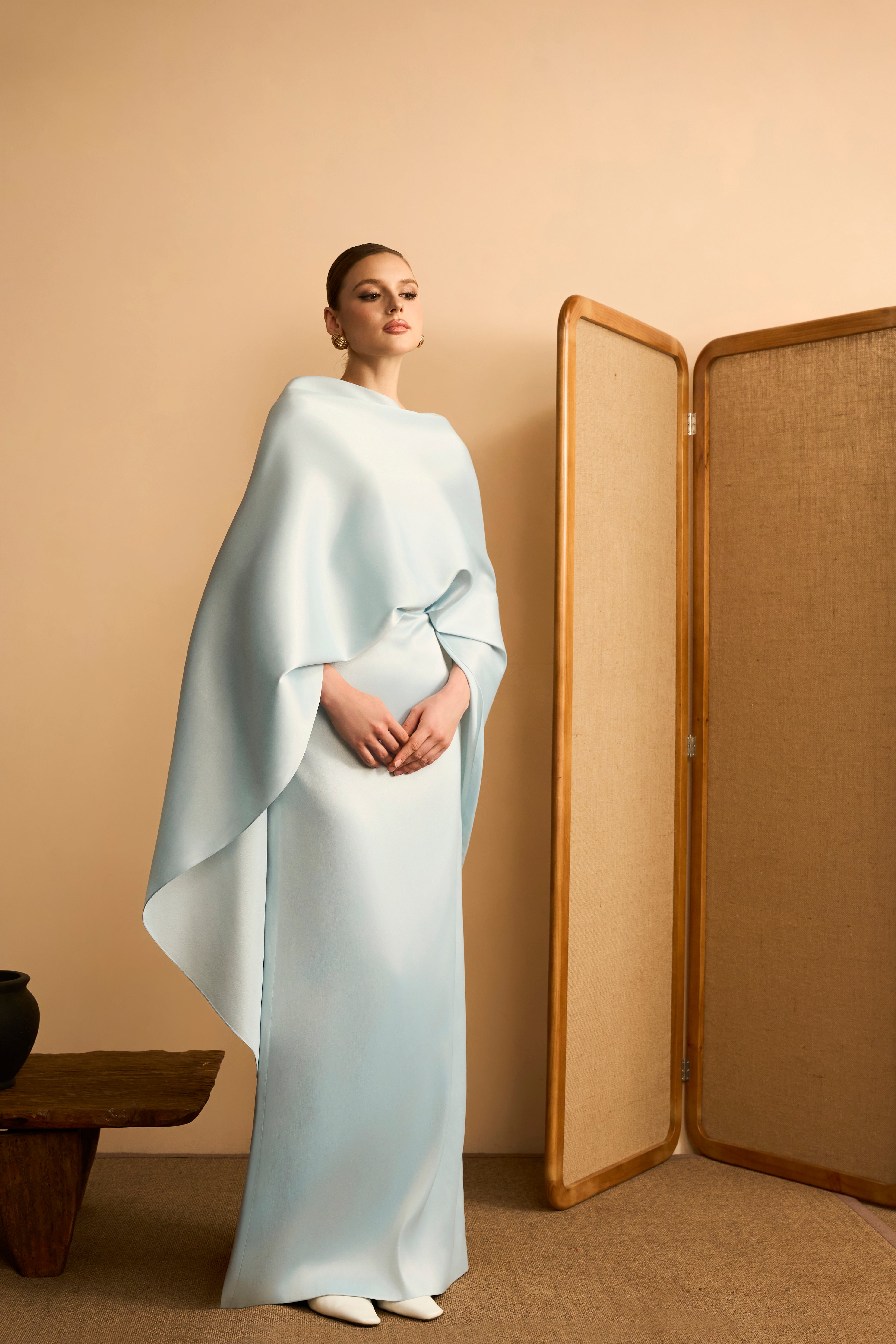 Lam Ngoc Sheath Cape-Overlay Satin Maxi Dress