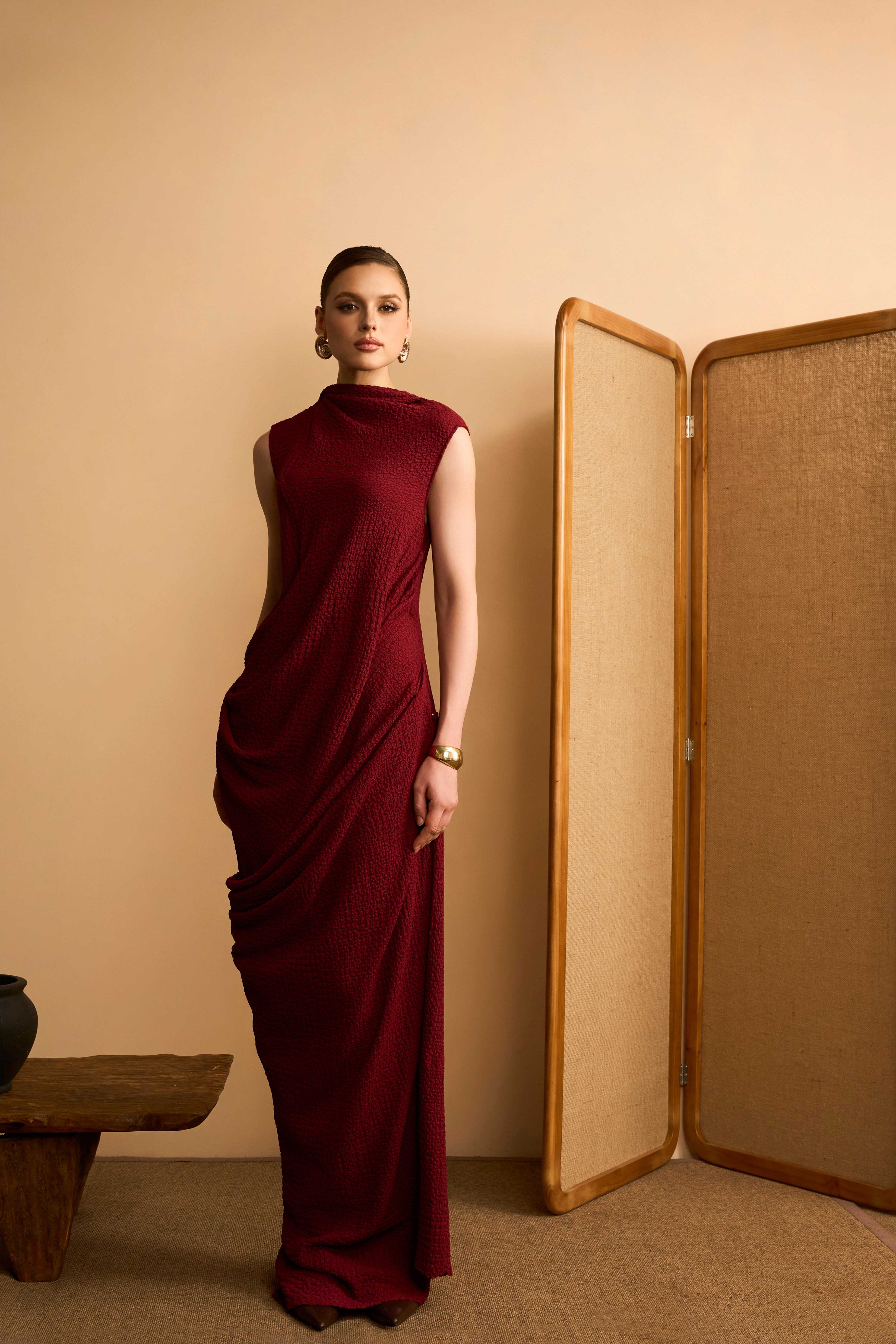 Cam Van Asymmetrical Draped Crinkle Maxi Dress