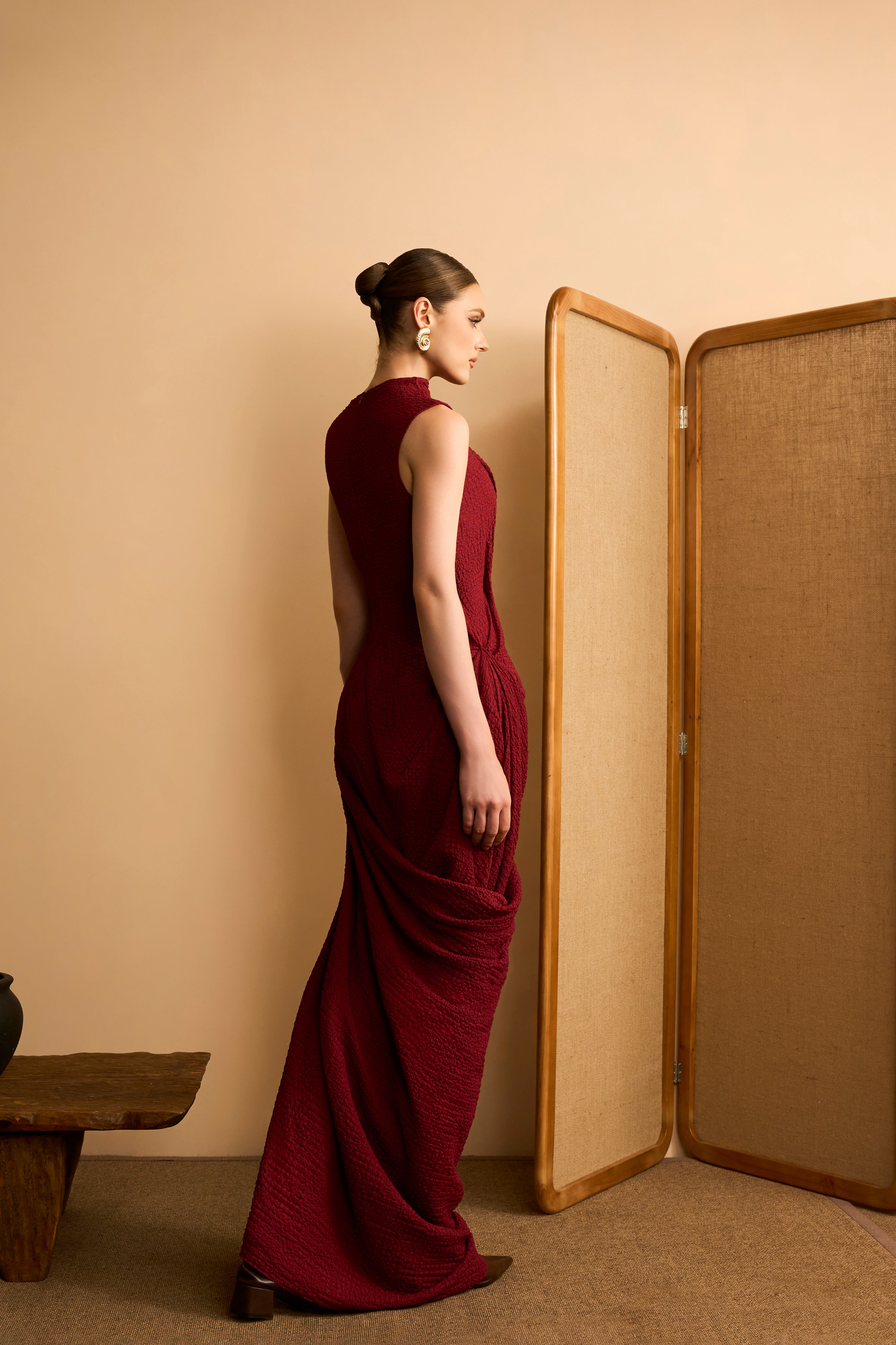 Cam Van Asymmetrical Draped Crinkle Maxi Dress