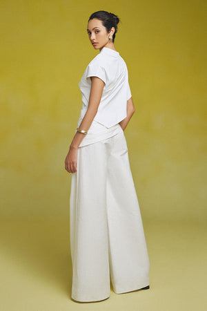 Ha Flared Waist Pleated Linen Blend Floor Length Pants - 