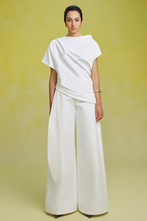 Ha Flared Waist Pleated Linen Blend Floor Length Pants - 