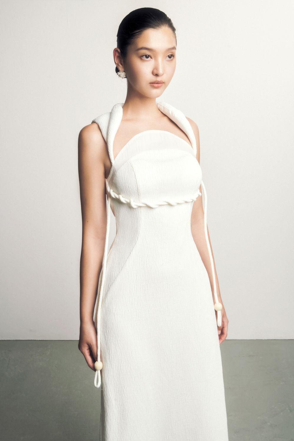 Ha Van A-line Queen Anne Neck Ribbed Cotton Midi Dress Ha Van A-line Queen Anne Neck Ribbed Cotton Midi Dress