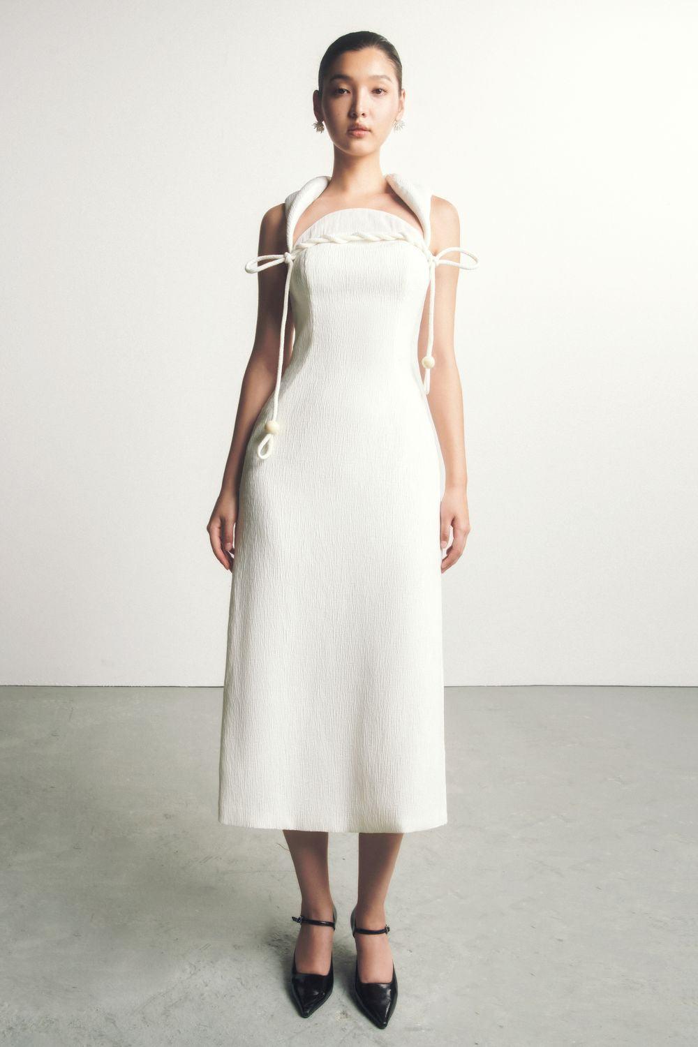 Women's Ha Van A-line Queen Anne Neck Ribbed Cotton Midi Dress XS/S/M/L/XL White Women's Ha Van A-line Queen Anne Neck Ribbed Cotton Midi Dress XS/S/M/L/XL White