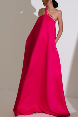 Hong Di Flared Side Pocket Duchess Satin Floor Length Dress 