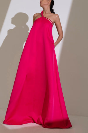 Hong Di Flared Side Pocket Duchess Satin Floor Length Dress 