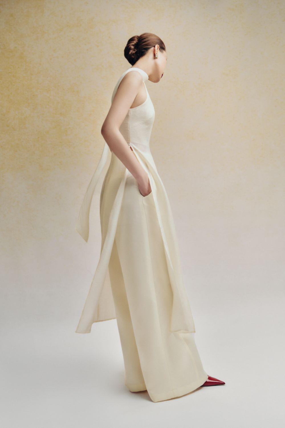 Nhien Slit Sleeveless Foam Organza Calf Length Ao Dai - 