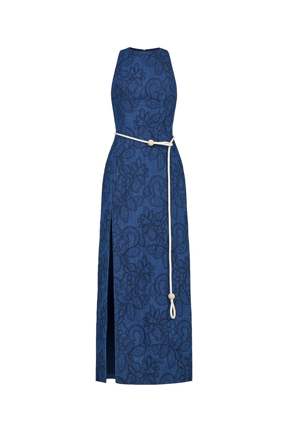 Thach Thao Slit Jewel Neck Denim Ankle Length Dress - 