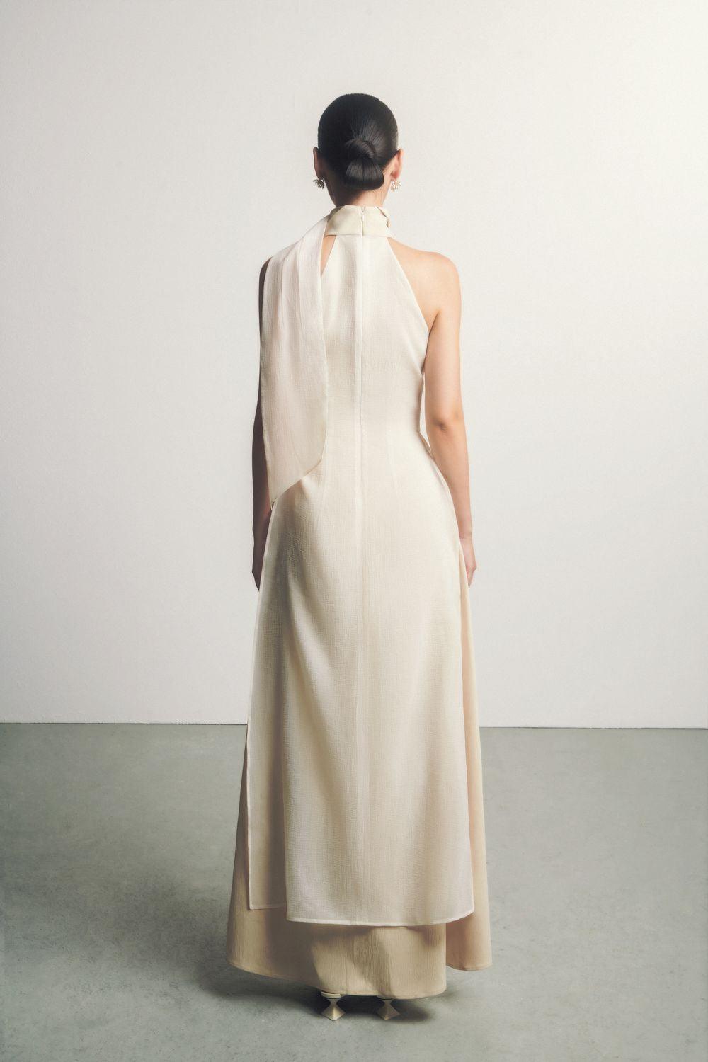 Yen Layered High Neck Floss Silk Ankle Length Dress - 
