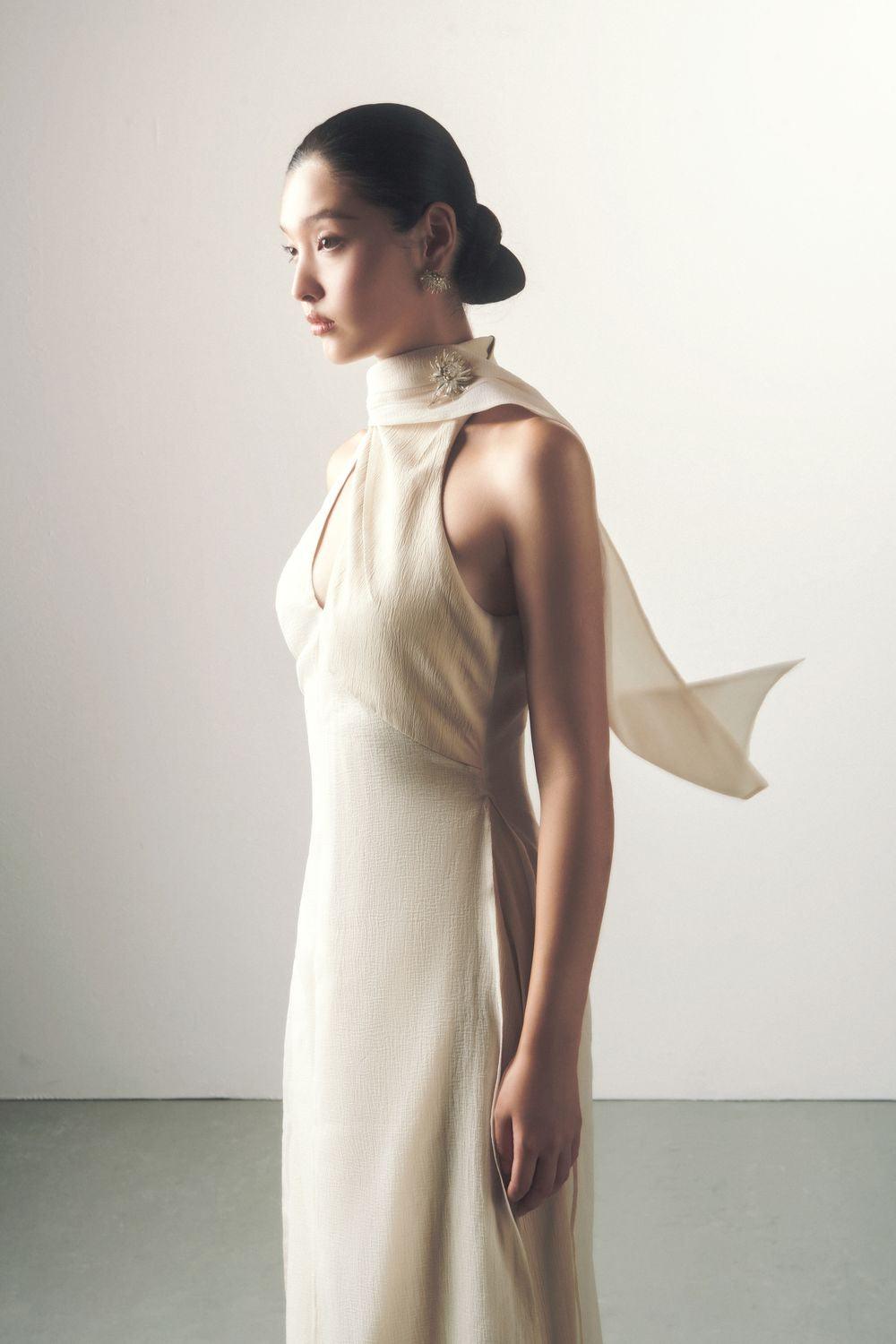 Yen Layered High Neck Floss Silk Ankle Length Dress - 